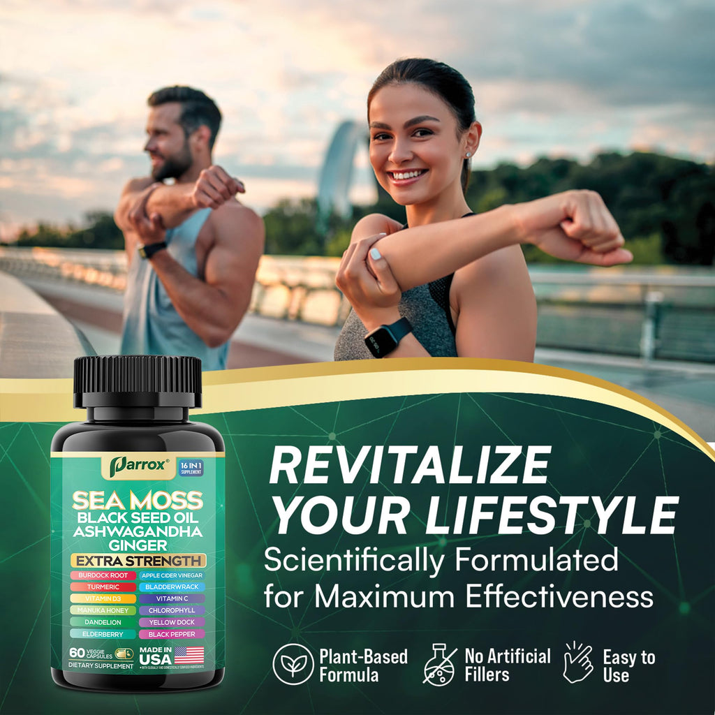 Parrox Sea Moss, Black Seed Oil, Ashwagandha, Turmeric, Chlorophyll, Dandelion, Ginger, Vitamin D3, Black Pepper, Elderberry, ACV, Yellow Dock, Burdock Root, Manuka, Vitamin C, Bladderwrack (60 Caps) - TrustMedUSA
