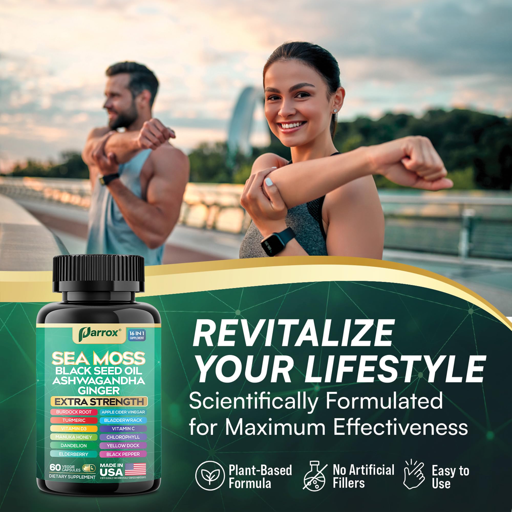 Parrox Sea Moss, Black Seed Oil, Ashwagandha, Turmeric, Chlorophyll, Dandelion, Ginger, Vitamin D3, Black Pepper, Elderberry, ACV, Yellow Dock, Burdock Root, Manuka, Vitamin C, Bladderwrack (60 Caps) - TrustMedUSA