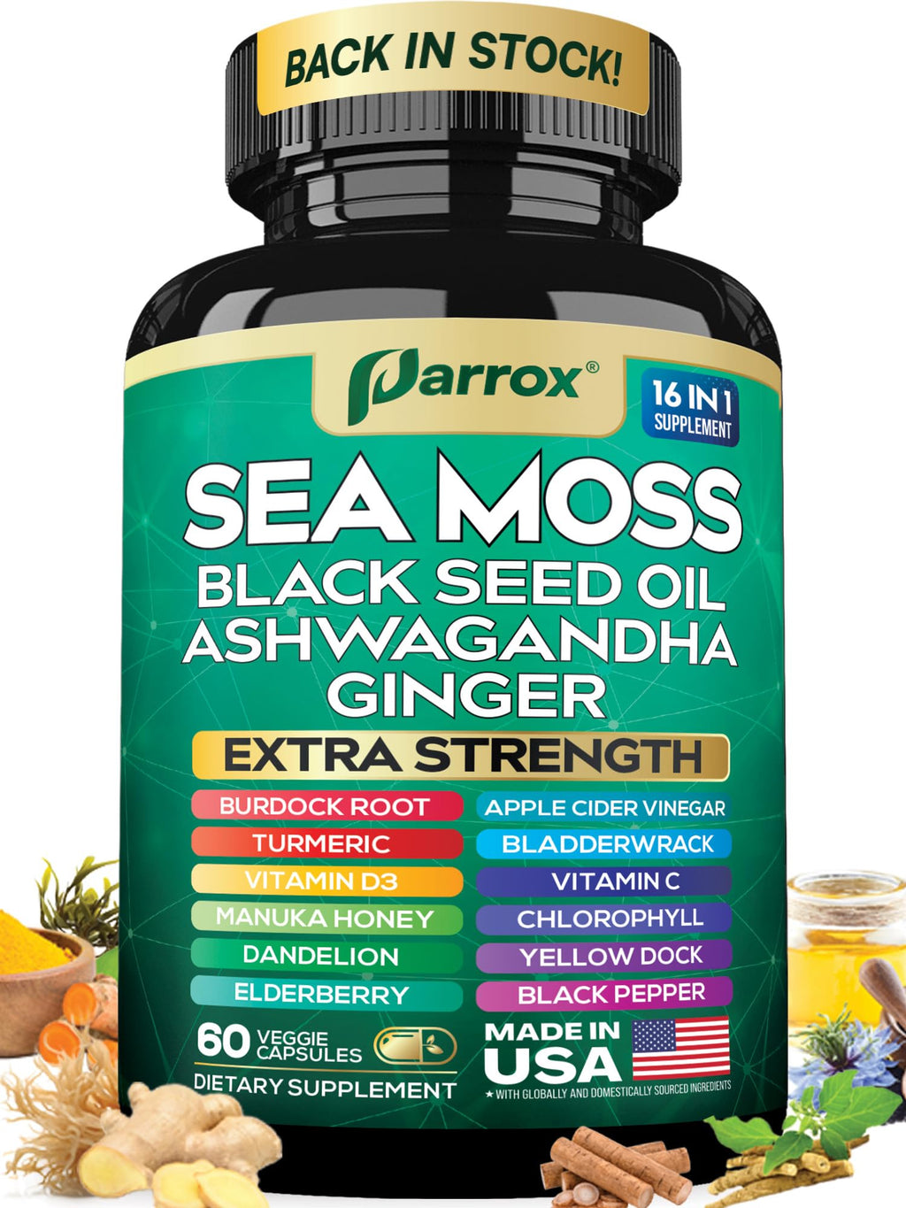Parrox Sea Moss, Black Seed Oil, Ashwagandha, Turmeric, Chlorophyll, Dandelion, Ginger, Vitamin D3, Black Pepper, Elderberry, ACV, Yellow Dock, Burdock Root, Manuka, Vitamin C, Bladderwrack (60 Caps) - TrustMedUSA