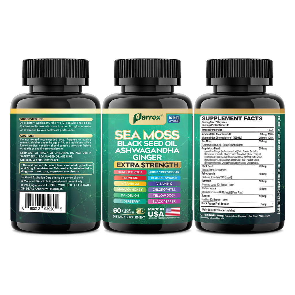 Parrox Sea Moss, Black Seed Oil, Ashwagandha, Turmeric, Chlorophyll, Dandelion, Ginger, Vitamin D3, Black Pepper, Elderberry, ACV, Yellow Dock, Burdock Root, Manuka, Vitamin C, Bladderwrack (60 Caps) - TrustMedUSA