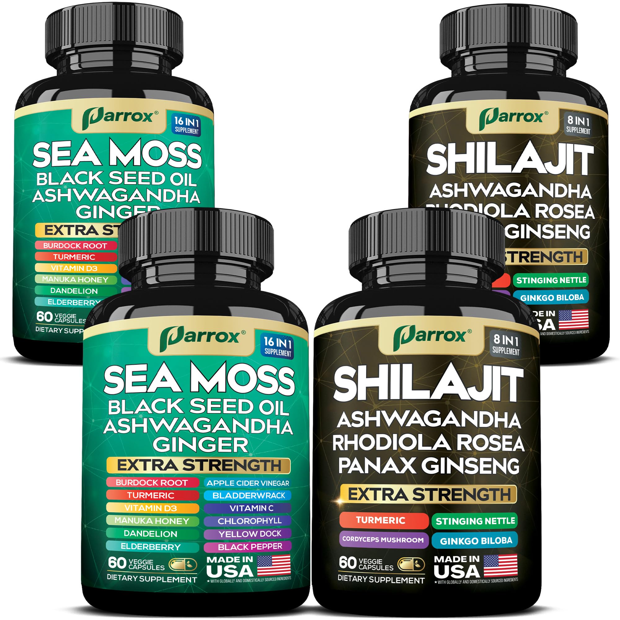 Parrox Shilajit and Sea Moss Bundle, Sea Moss 350mg, Black Seed Oil 200mg, Ashwagandha 100mg, Turmeric, Shilajit 300mg, Rhodiola Rosea 100mg, Panax Ginseng 50mg, Dynamic Vitality Bundle (2 Pack) - TrustMedUSA