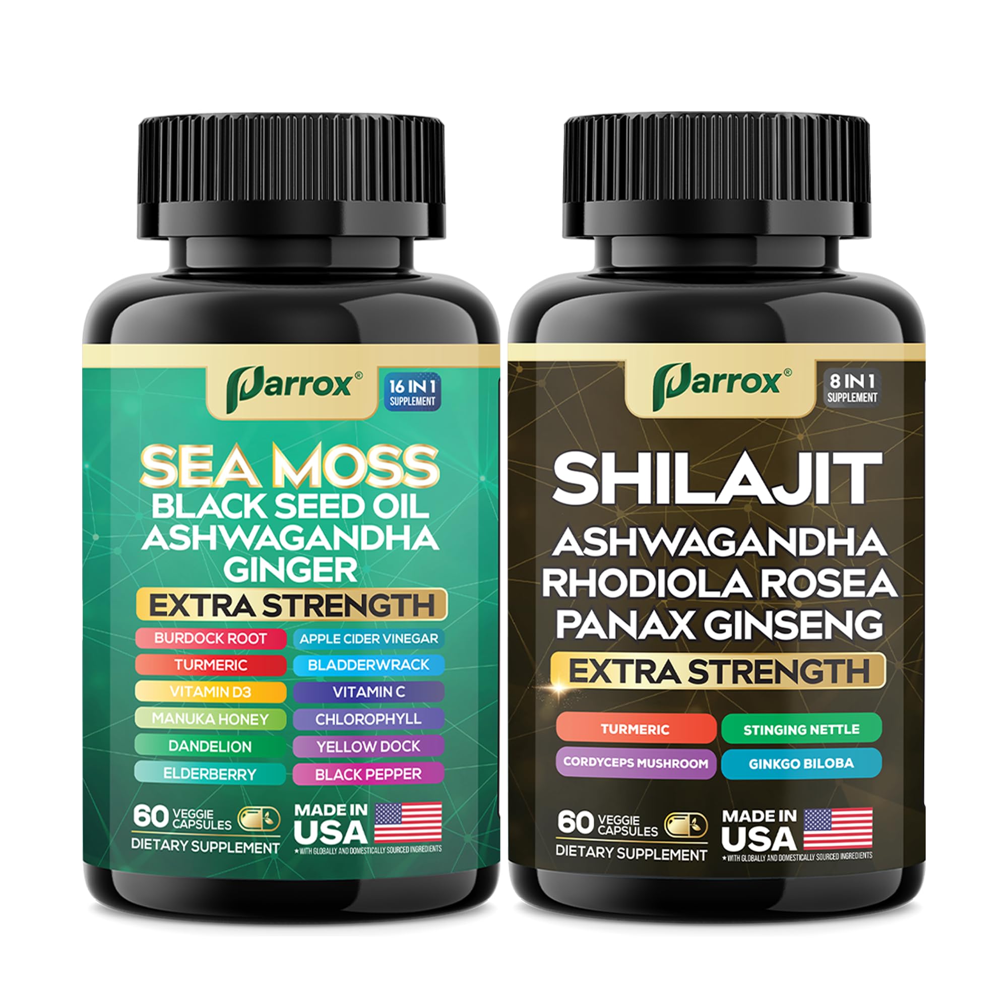 Parrox Shilajit and Sea Moss Bundle, Sea Moss 350mg, Black Seed Oil 200mg, Ashwagandha 100mg, Turmeric, Shilajit 300mg, Rhodiola Rosea 100mg, Panax Ginseng 50mg, Dynamic Vitality Bundle (2 Pack) - TrustMedUSA