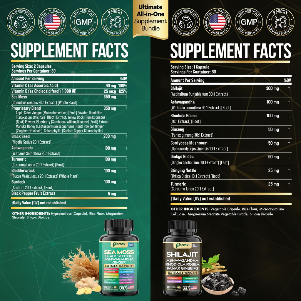 Parrox Shilajit and Sea Moss Bundle, Sea Moss 350mg, Black Seed Oil 200mg, Ashwagandha 100mg, Turmeric, Shilajit 300mg, Rhodiola Rosea 100mg, Panax Ginseng 50mg, Dynamic Vitality Bundle (2 Pack) - TrustMedUSA