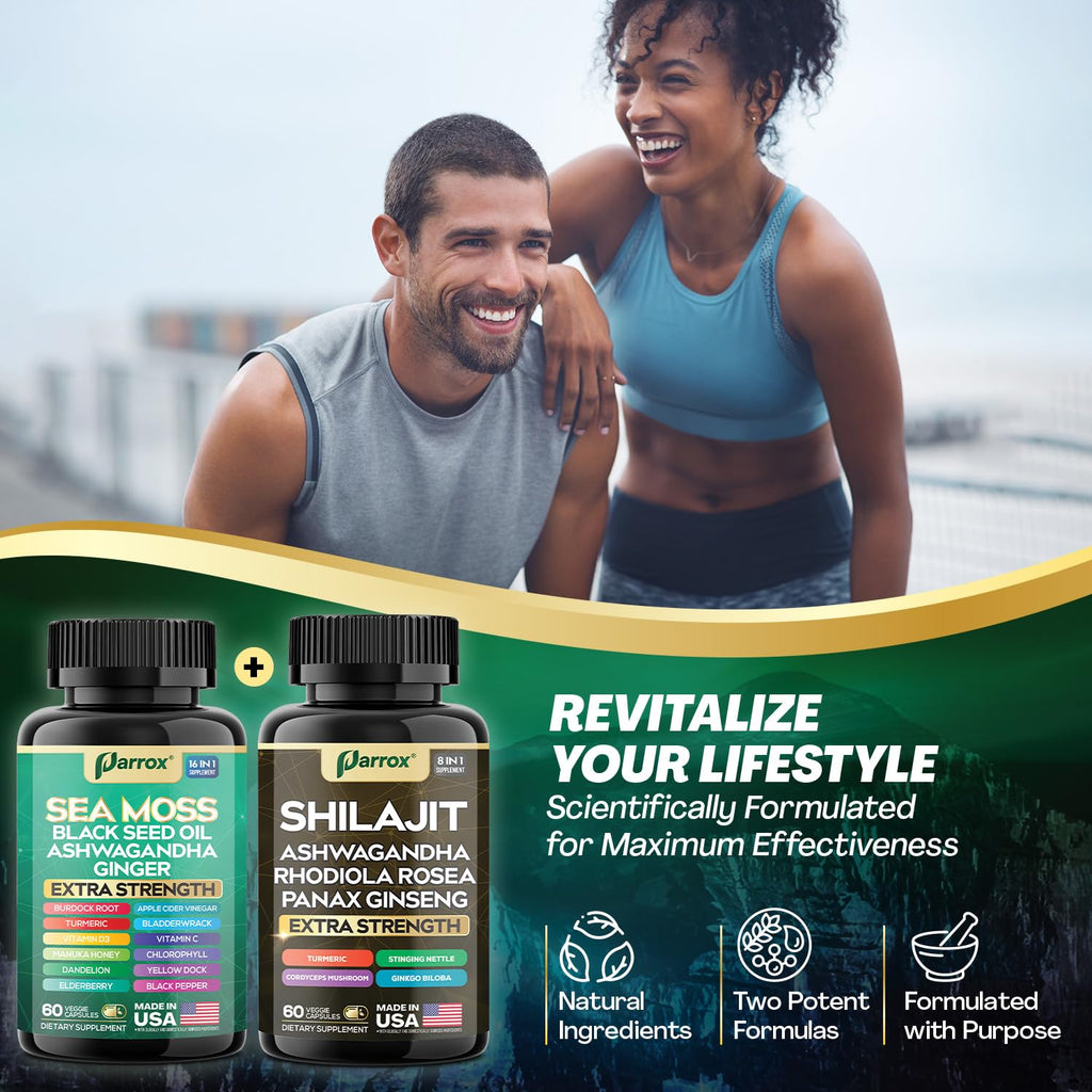 Parrox Shilajit and Sea Moss Bundle, Sea Moss 350mg, Black Seed Oil 200mg, Ashwagandha 100mg, Turmeric, Shilajit 300mg, Rhodiola Rosea 100mg, Panax Ginseng 50mg, Dynamic Vitality Bundle (2 Pack) - TrustMedUSA