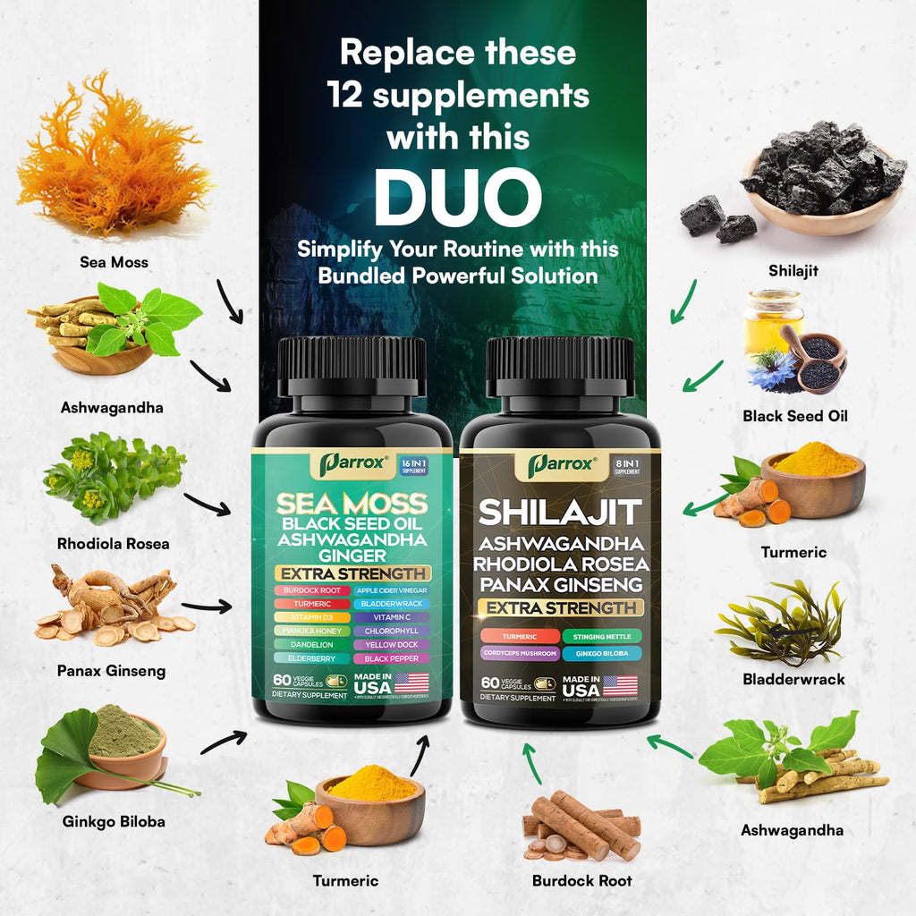 Parrox Shilajit and Sea Moss Bundle, Sea Moss 350mg, Black Seed Oil 200mg, Ashwagandha 100mg, Turmeric, Shilajit 300mg, Rhodiola Rosea 100mg, Panax Ginseng 50mg, Dynamic Vitality Bundle (2 Pack) - TrustMedUSA