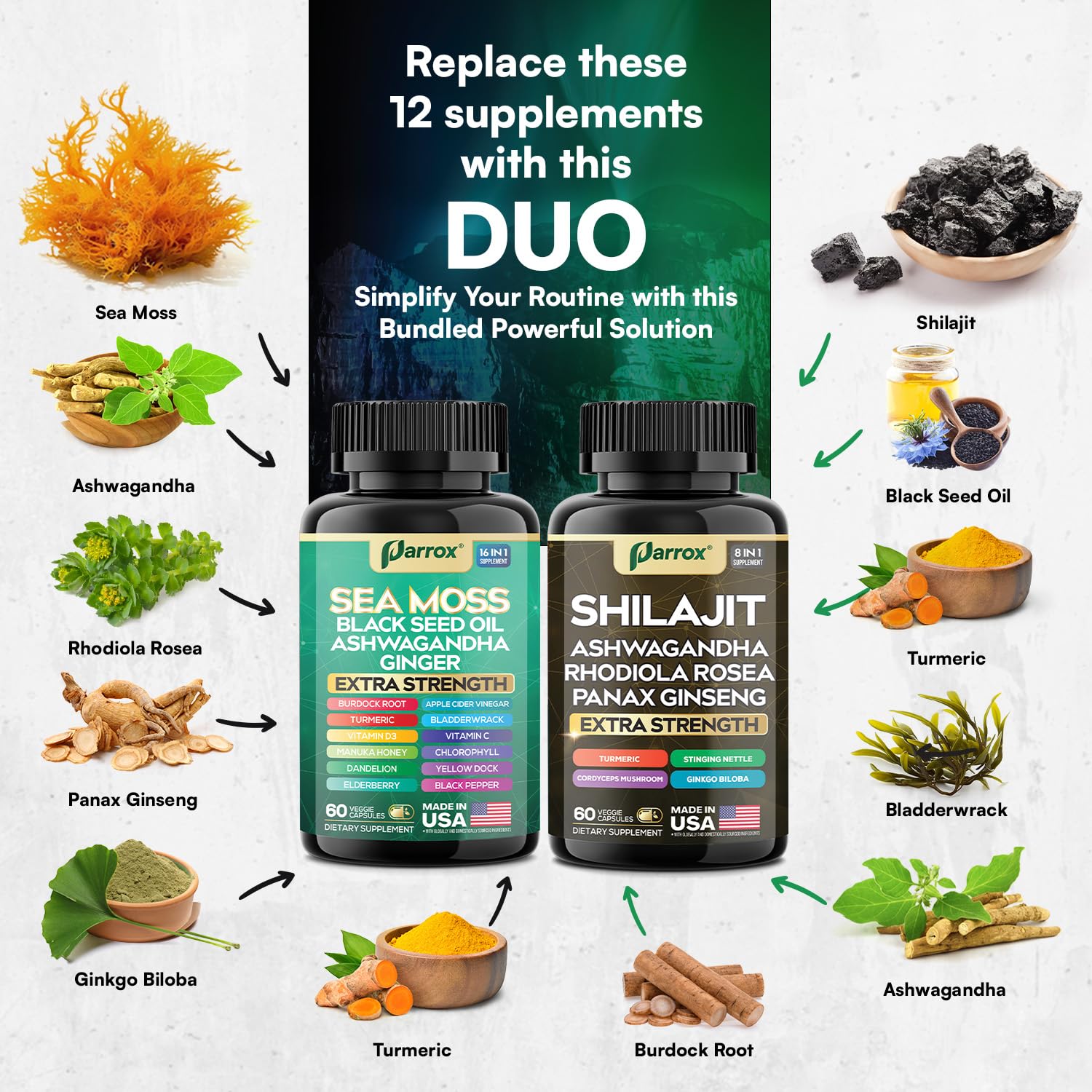 Parrox Shilajit and Sea Moss Bundle, Sea Moss 350mg, Black Seed Oil 200mg, Ashwagandha 100mg, Turmeric, Shilajit 300mg, Rhodiola Rosea 100mg, Panax Ginseng 50mg, Dynamic Vitality Bundle (2 Pack) - TrustMedUSA