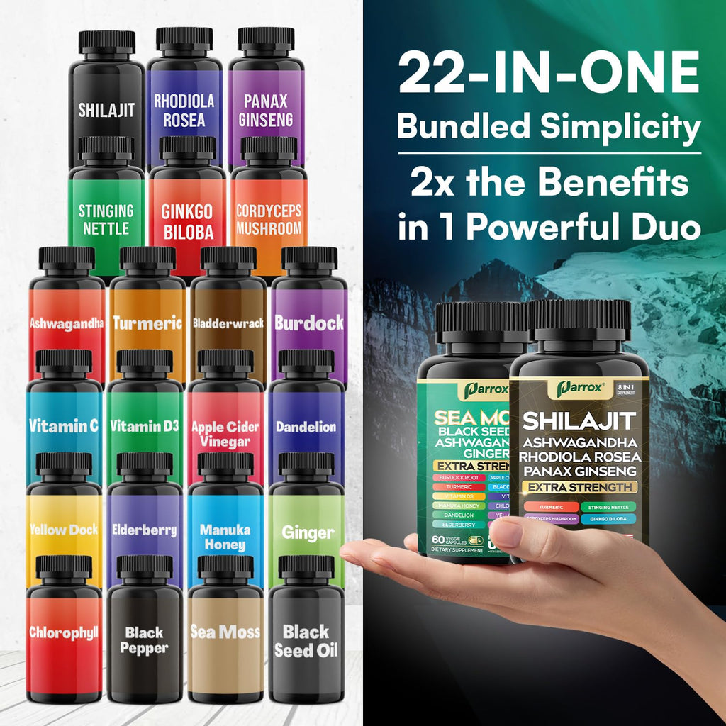 Parrox Shilajit and Sea Moss Bundle, Sea Moss 350mg, Black Seed Oil 200mg, Ashwagandha 100mg, Turmeric, Shilajit 300mg, Rhodiola Rosea 100mg, Panax Ginseng 50mg, Dynamic Vitality Bundle (2 Pack) - TrustMedUSA