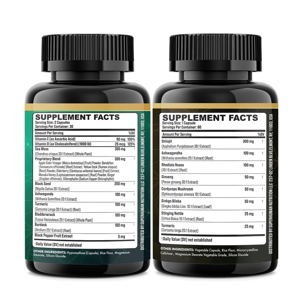 Parrox Shilajit and Sea Moss Bundle, Sea Moss 350mg, Black Seed Oil 200mg, Ashwagandha 100mg, Turmeric, Shilajit 300mg, Rhodiola Rosea 100mg, Panax Ginseng 50mg, Dynamic Vitality Bundle (2 Pack) - TrustMedUSA
