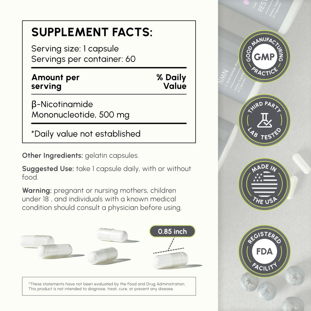partiQlar NMN Supplement 500mg - High Purity Nicotinamide Mononucleotide - NAD+ Booster for Anti-Aging, Cellular Energy & Longevity - 60 Veggie Capsules - Maple Wellness Supplements