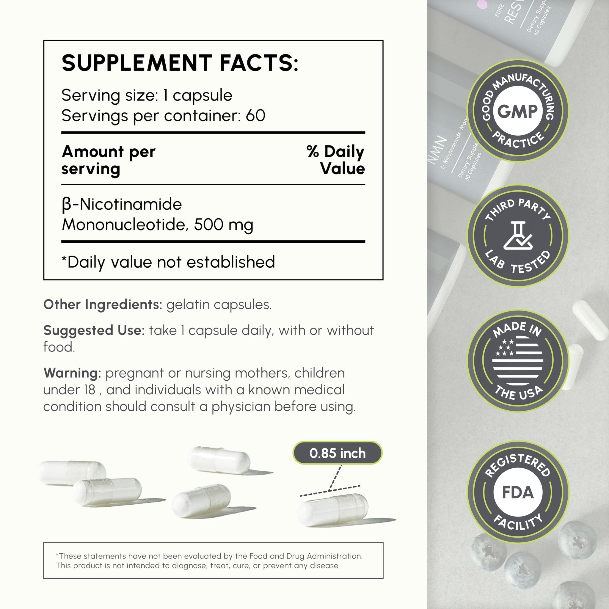 partiQlar NMN Supplement 500mg - High Purity Nicotinamide Mononucleotide - NAD+ Booster for Anti-Aging, Cellular Energy & Longevity - 60 Veggie Capsules - Maple Wellness Supplements