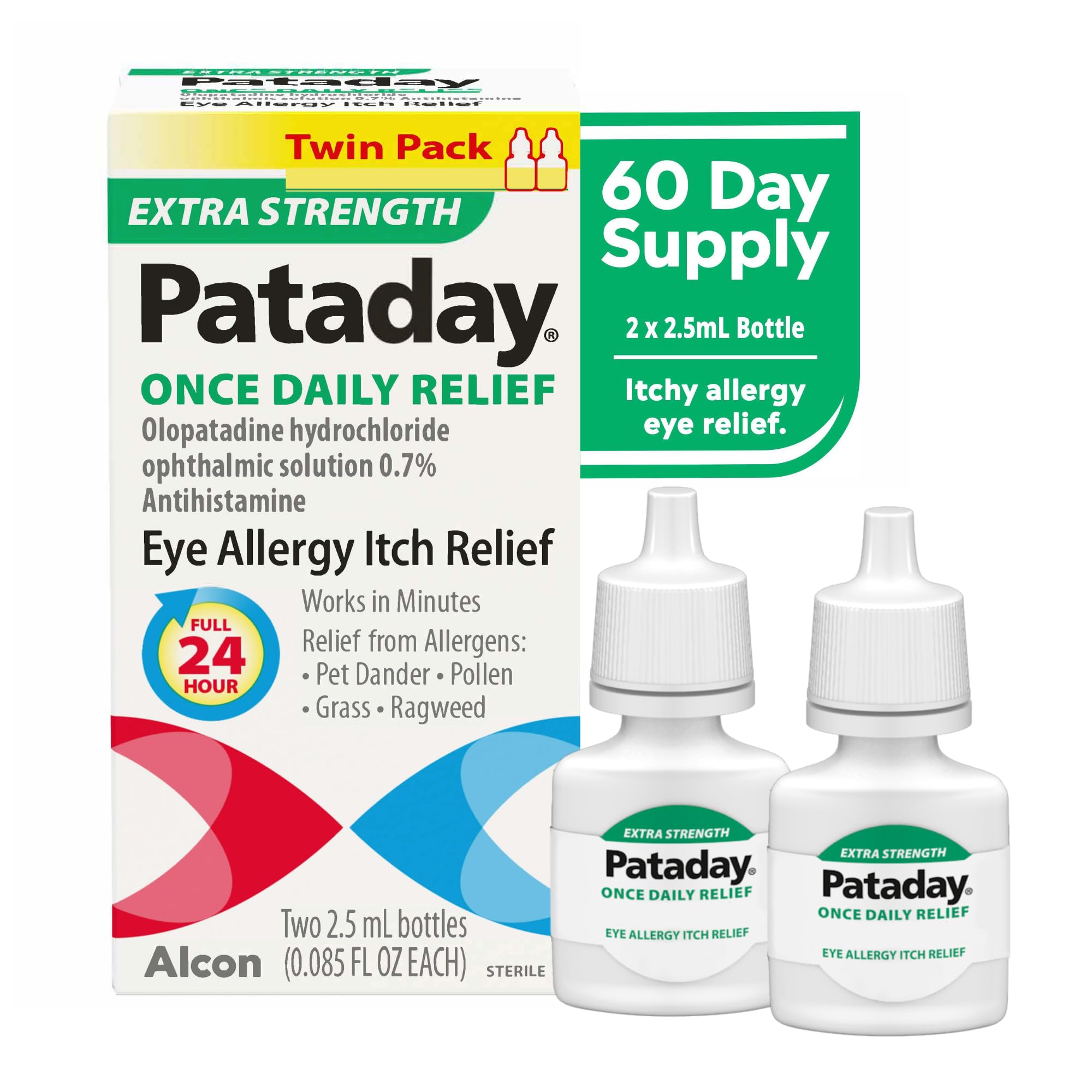 Pataday Once Daily Extra Strength Relief Allergy Eye Drops, 2.5 ml, Twin Pack, Antihistamine Eye Drops with Olopatadine 0.7% for Relief from Eye Allergy Itching, Works Up to 24 Hours - Maple Wellness Supplements