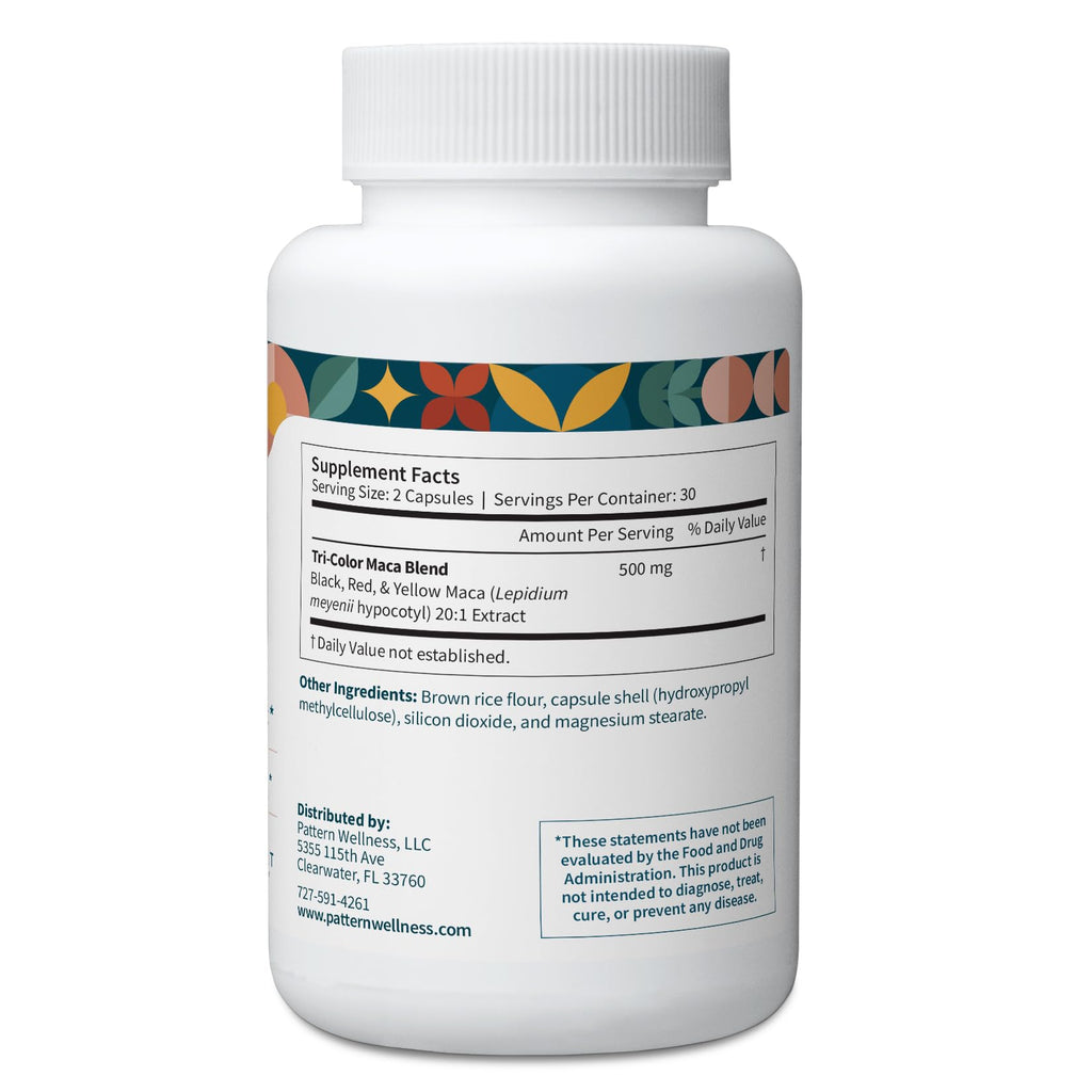 Pattern Wellness Maca Root Extract 20:1-500mg Per Serving – for Men & Women – Tri-Color Black/Red/Yellow Blend – 60 Vegan, Non-GMO Capsules - TrustMedUSA