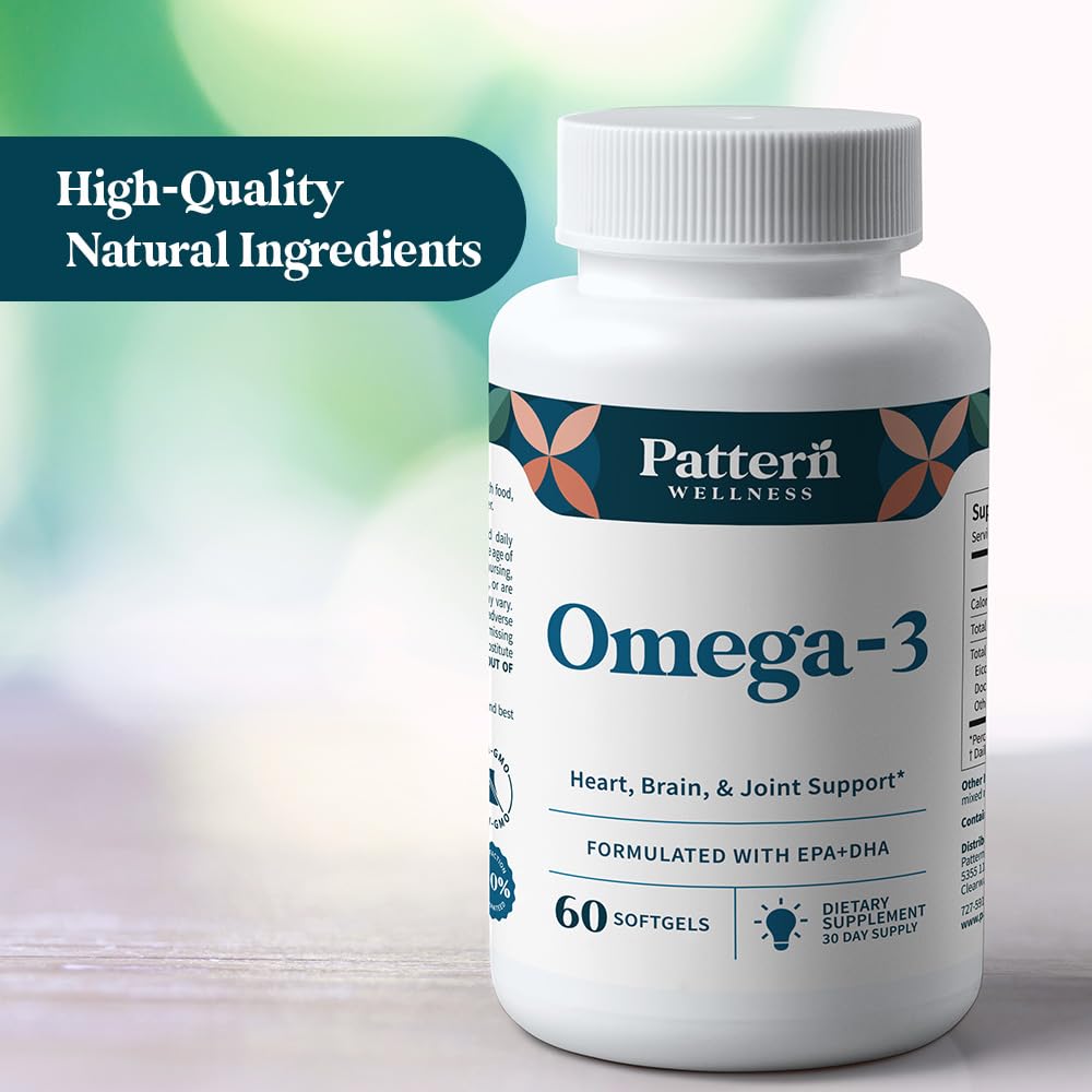 Pattern Wellness Omega 3 Softgels - Pure Fish Oil Formula - Helps Maintain Brain, Heart & Joint Health - 3rd Party Lab Tested - Non-GMO, Dairy-Free, Gluten-Free - 60 Softgels - TrustMedUSA