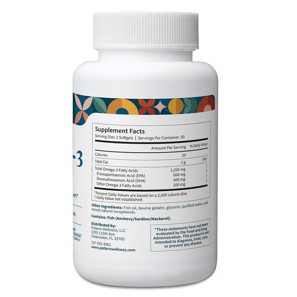 Pattern Wellness Omega 3 Softgels - Pure Fish Oil Formula - Helps Maintain Brain, Heart & Joint Health - 3rd Party Lab Tested - Non-GMO, Dairy-Free, Gluten-Free - 60 Softgels - TrustMedUSA