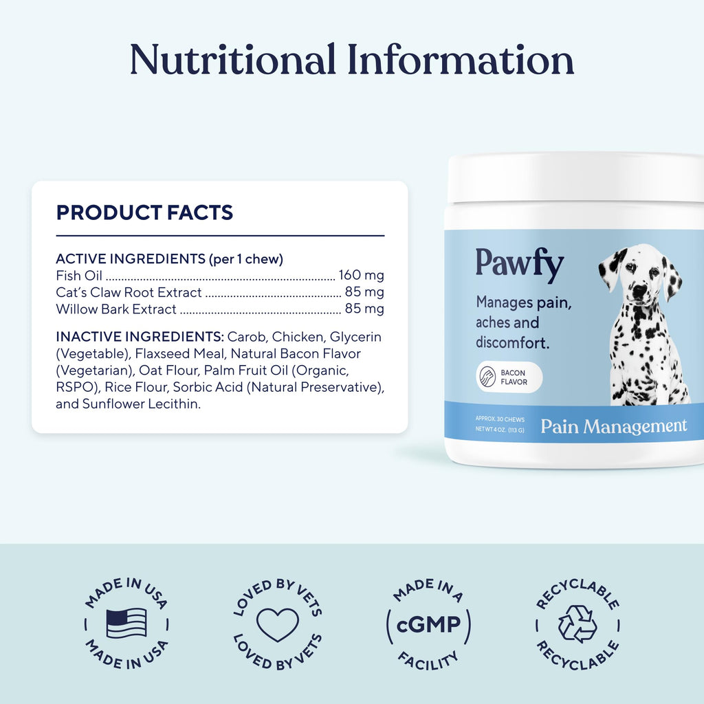 Pawfy Advanced Pain Management - Essential Vitamins & Supplements with Omega 3 |Joint Supplement for Dogs - Supports Hip & Joint Health for Small, Medium, Large Breeds | 30 Fast-Acting Chews - TrustMedUSA