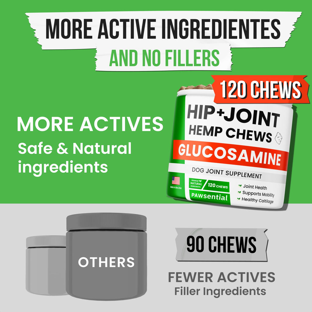 Pawsential Hemp Treats - Dog Joint Supplement - Mobility Support Chews w/Glucosamine Chondroitin, Turmeric, MSM - Hip & Joint Chews - Joint Pain Relief Treats - 120Ct - TrustMedUSA