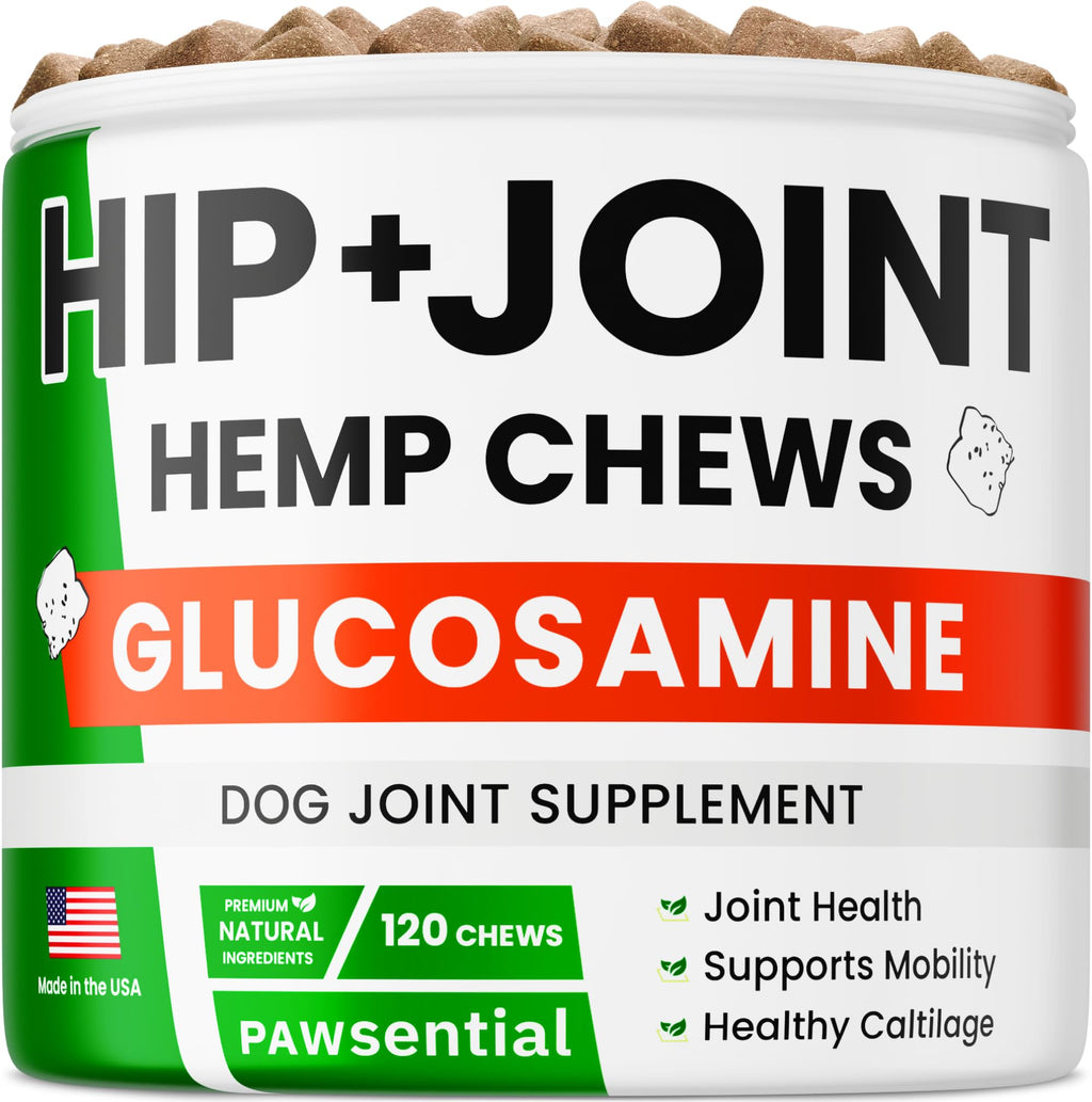 Pawsential Hemp Treats - Dog Joint Supplement - Mobility Support Chews w/Glucosamine Chondroitin, Turmeric, MSM - Hip & Joint Chews - Joint Pain Relief Treats - 120Ct - TrustMedUSA