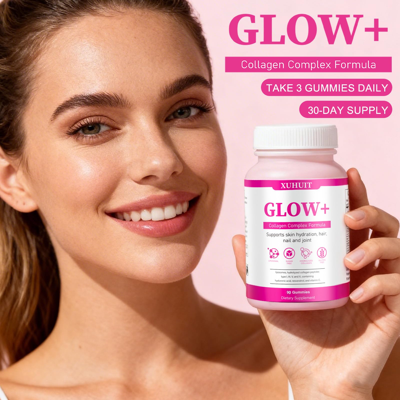 PBZPBZ Glow Collagen Gummies with Hyaluronic Acid & Resveratrol | Gentle Support for Skin, Hair & Nail Care | Non-GMO | 90 Count (1) - TrustMedUSA