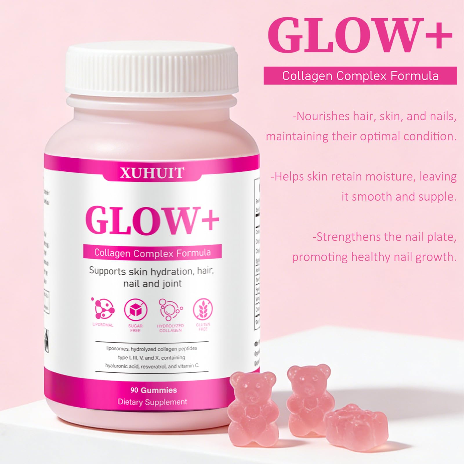 PBZPBZ Glow Collagen Gummies with Hyaluronic Acid & Resveratrol | Gentle Support for Skin, Hair & Nail Care | Non-GMO | 90 Count (1) - TrustMedUSA