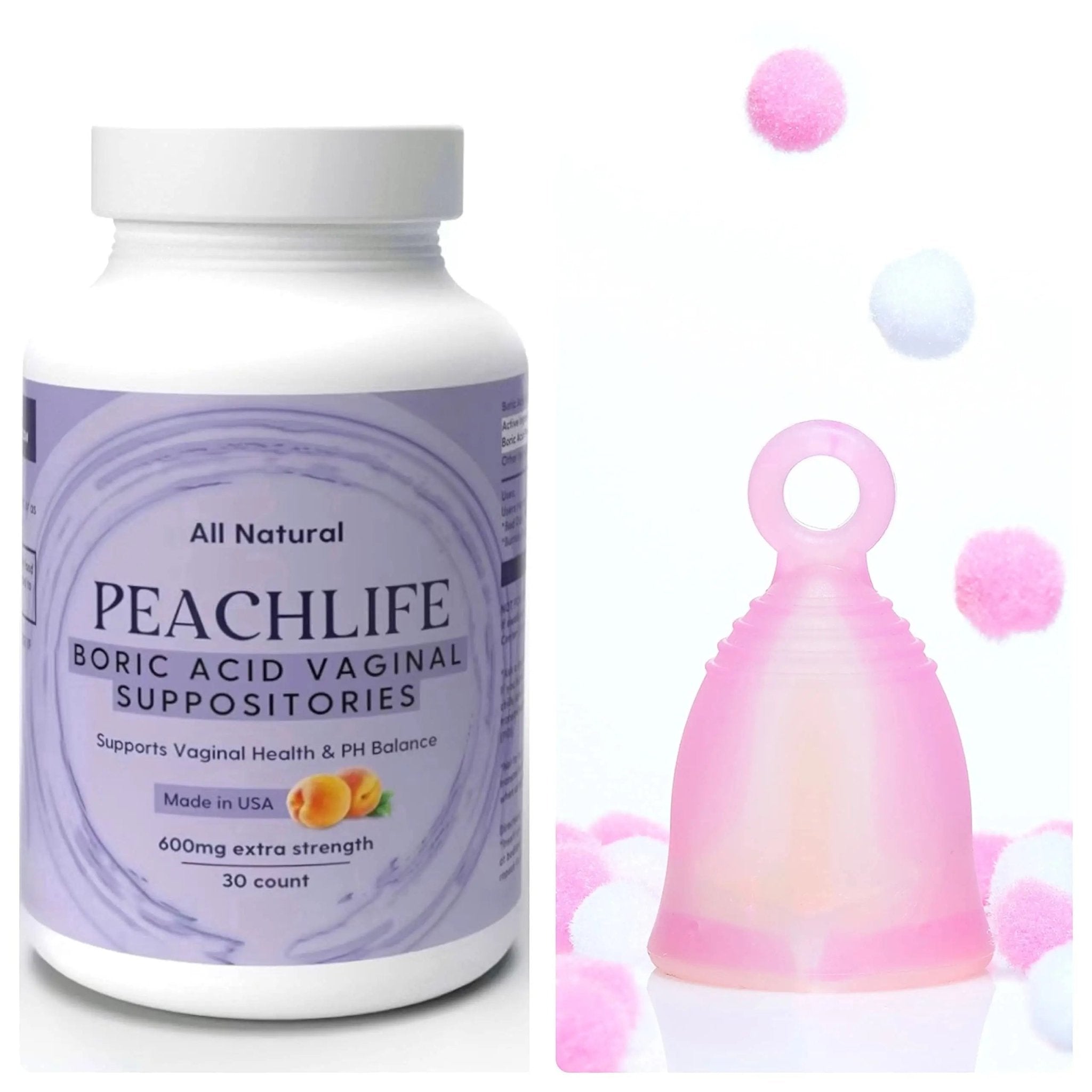 Peachlife Boric Acid Suppositories and Small Soft Menstrual Cup with Ring Pull - TrustMedUSA