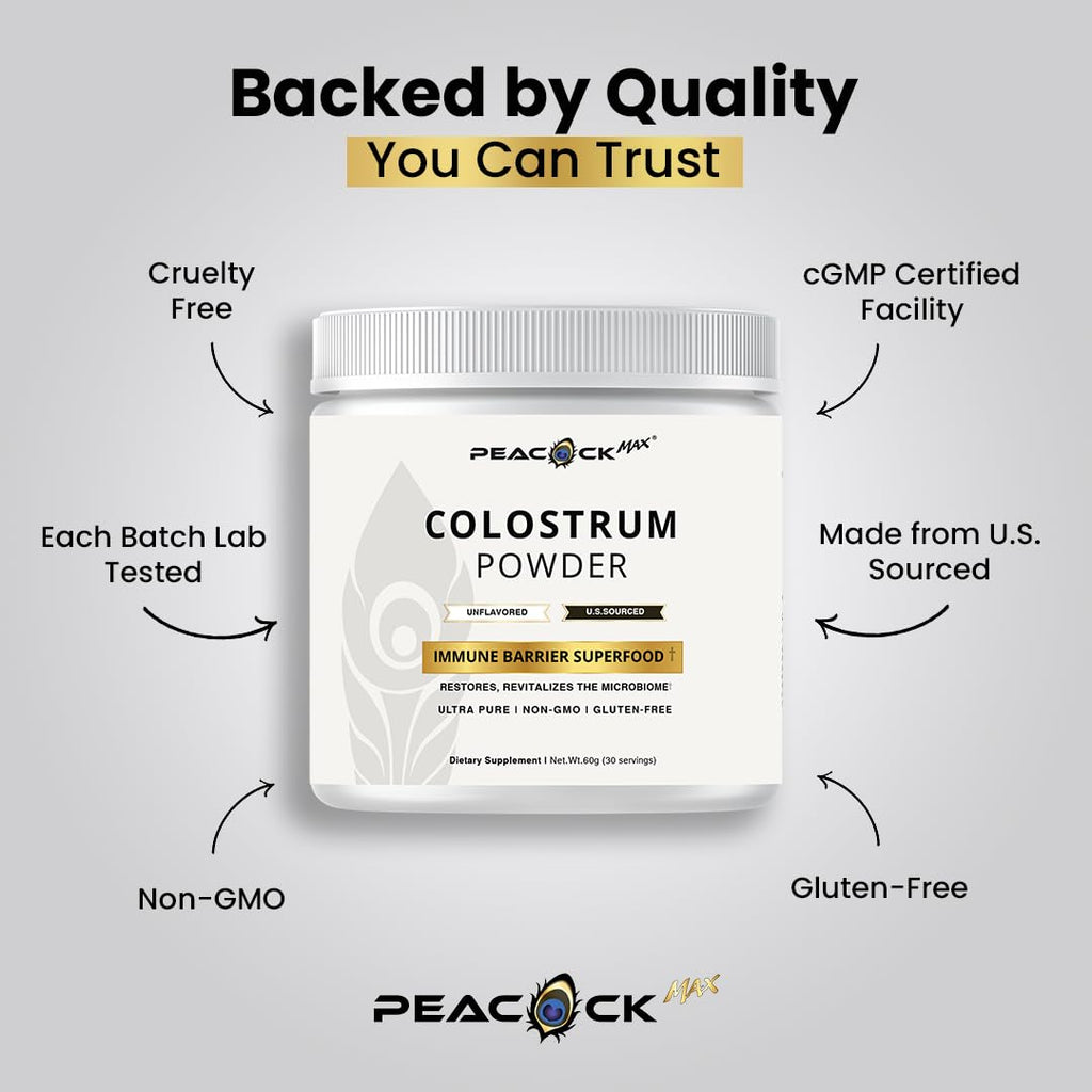 Peacock Max Colostrum Powder – 60g (30 Servings), Unflavored Bovine Colostrum Supplement, Superfood for Hair, Skin & Gut Health, Gluten-Free, Non-GMO - TrustMedUSA