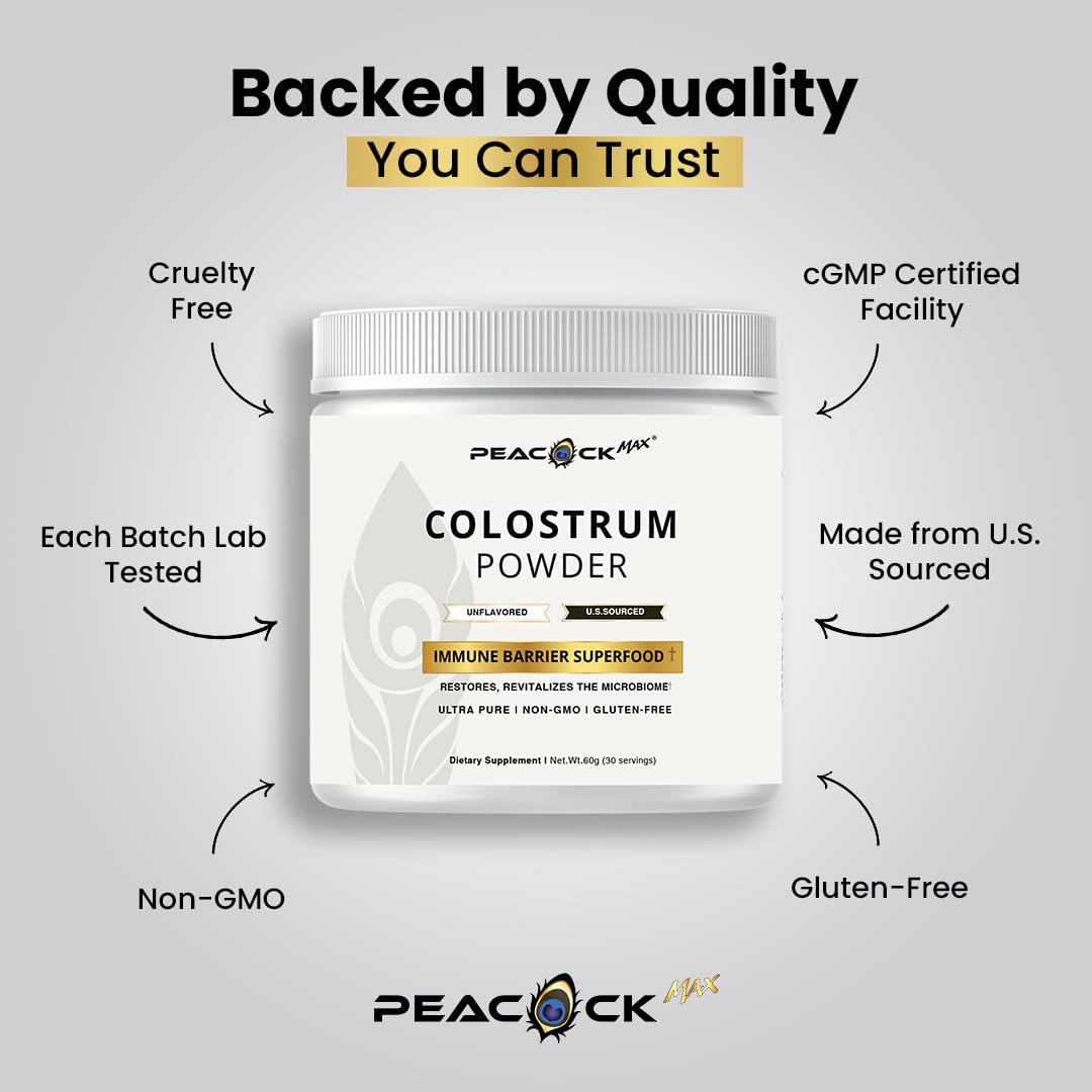 Peacock Max Colostrum Powder – 60g (30 Servings), Unflavored Bovine Colostrum Supplement, Superfood for Hair, Skin & Gut Health, Gluten-Free, Non-GMO - TrustMedUSA