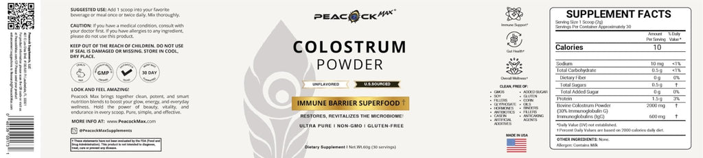 Peacock Max Colostrum Powder – 60g (30 Servings), Unflavored Bovine Colostrum Supplement, Superfood for Hair, Skin & Gut Health, Gluten-Free, Non-GMO - TrustMedUSA