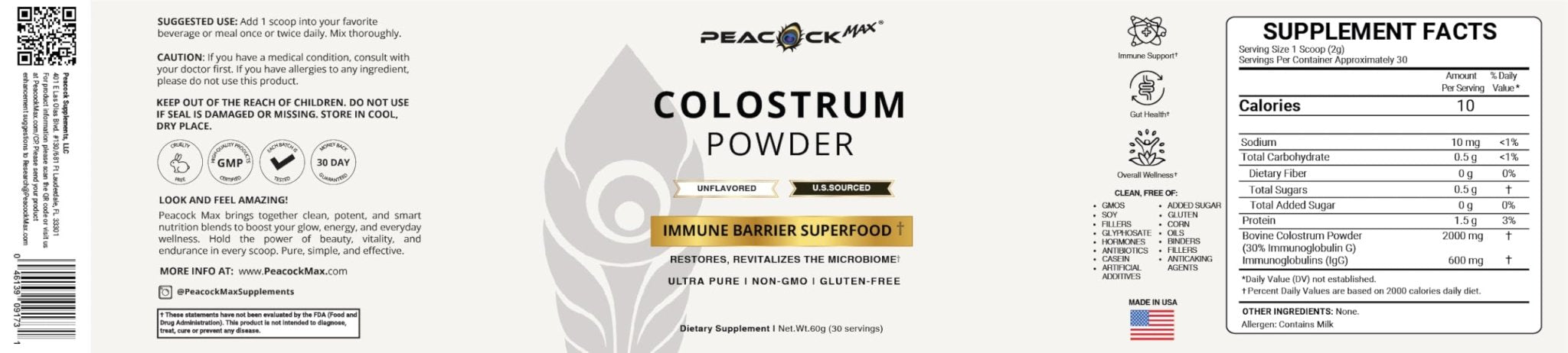 Peacock Max Colostrum Powder – 60g (30 Servings), Unflavored Bovine Colostrum Supplement, Superfood for Hair, Skin & Gut Health, Gluten-Free, Non-GMO - TrustMedUSA