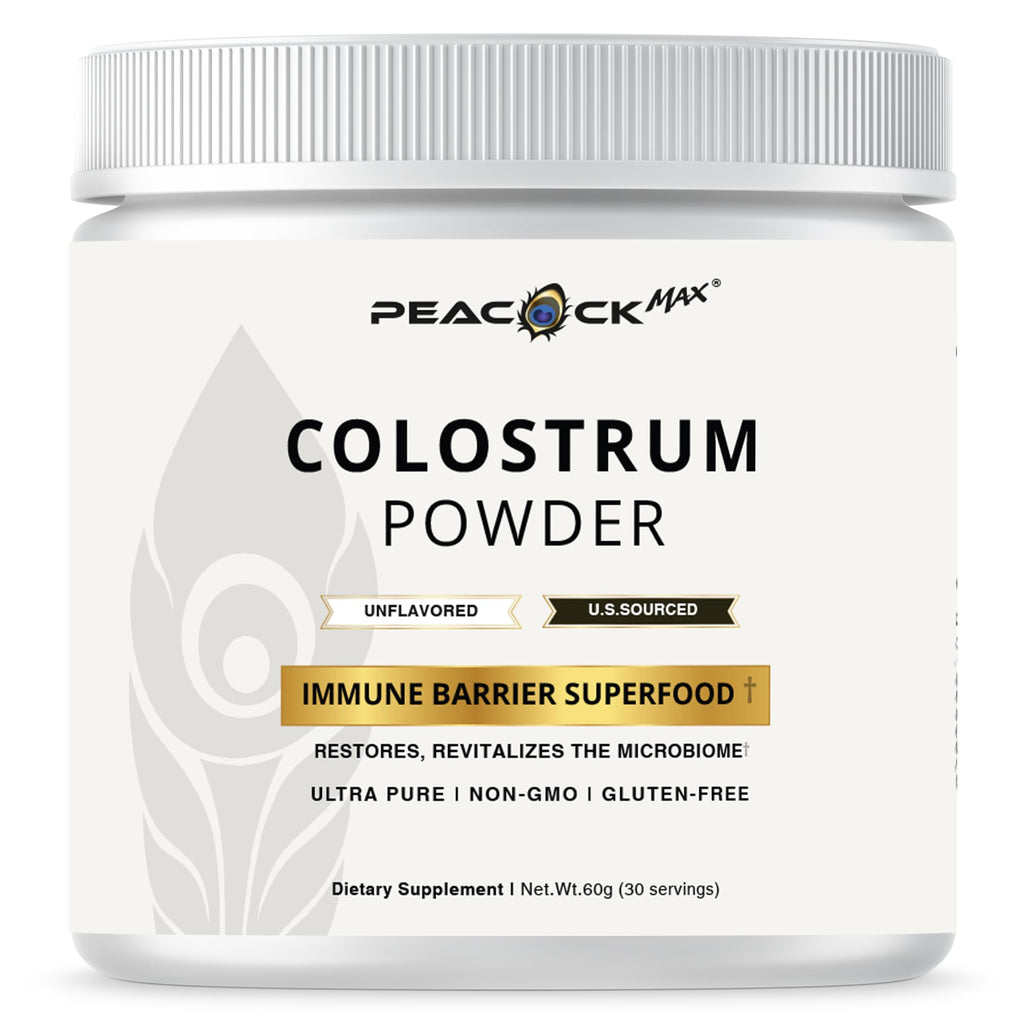Peacock Max Colostrum Powder – 60g (30 Servings), Unflavored Bovine Colostrum Supplement, Superfood for Hair, Skin & Gut Health, Gluten-Free, Non-GMO - TrustMedUSA
