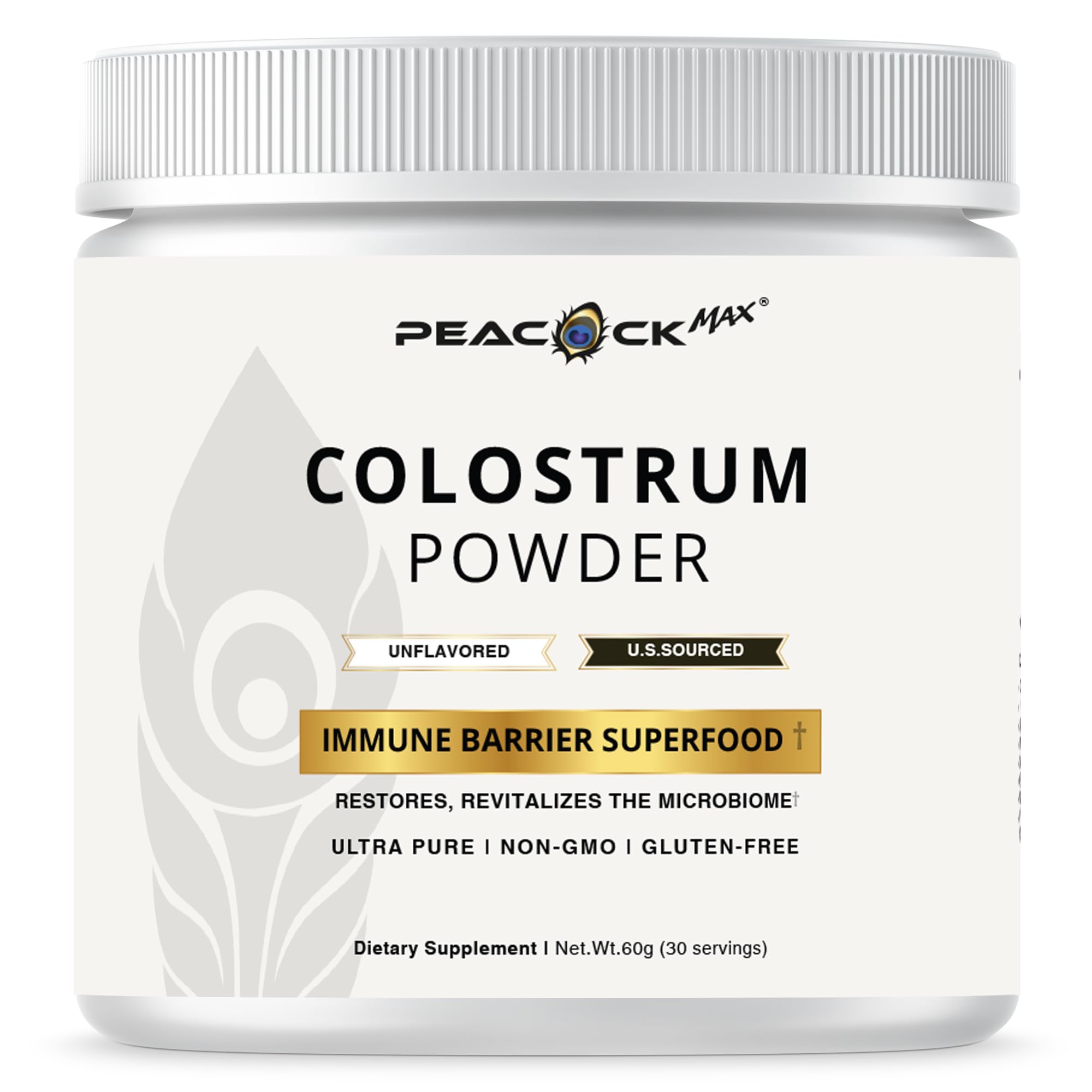 Peacock Max Colostrum Powder – 60g (30 Servings), Unflavored Bovine Colostrum Supplement, Superfood for Hair, Skin & Gut Health, Gluten-Free, Non-GMO - TrustMedUSA