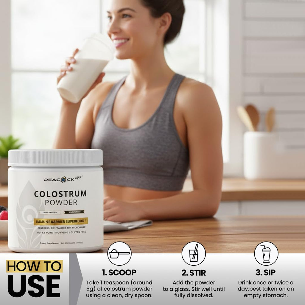 Peacock Max Colostrum Powder – 60g (30 Servings), Unflavored Bovine Colostrum Supplement, Superfood for Hair, Skin & Gut Health, Gluten-Free, Non-GMO - TrustMedUSA