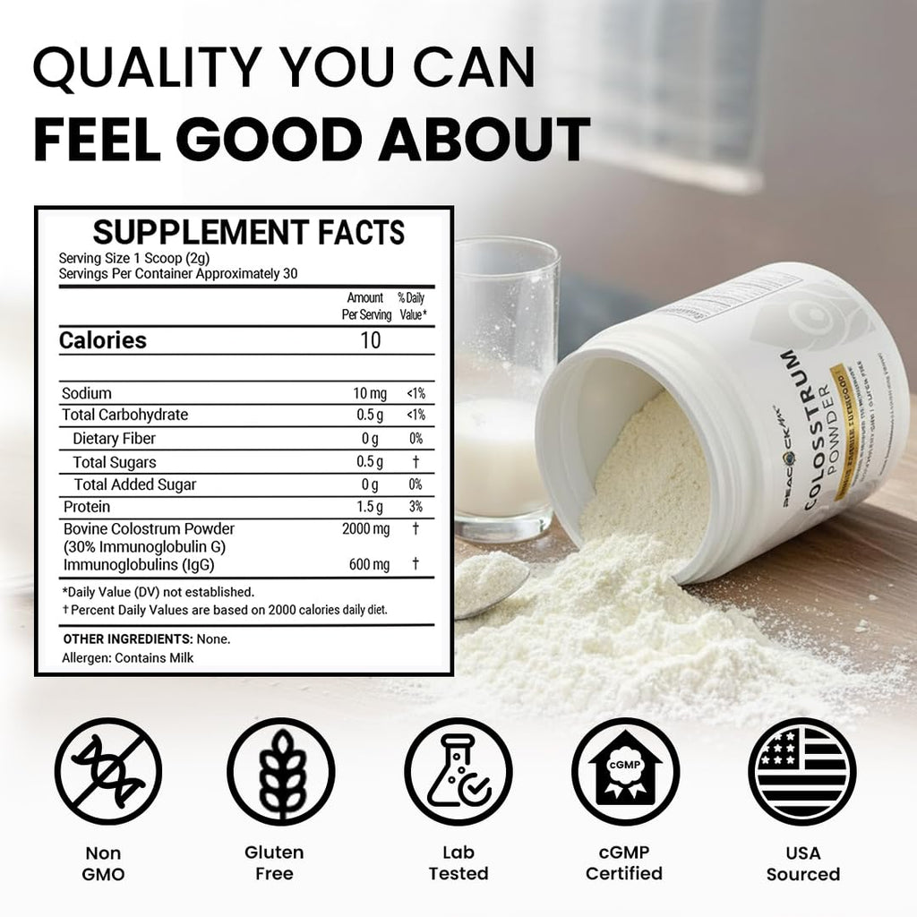 Peacock Max Colostrum Powder – 60g (30 Servings), Unflavored Bovine Colostrum Supplement, Superfood for Hair, Skin & Gut Health, Gluten-Free, Non-GMO - TrustMedUSA