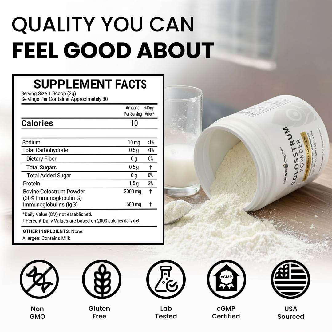 Peacock Max Colostrum Powder – 60g (30 Servings), Unflavored Bovine Colostrum Supplement, Superfood for Hair, Skin & Gut Health, Gluten-Free, Non-GMO - TrustMedUSA