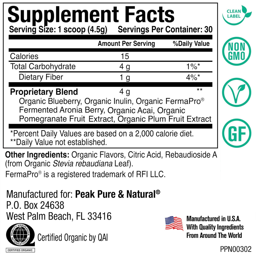 Peak Organic Superfruits - Polyphenol Rich Superfood Powder - Non-GMO Fermented Aronia Berry, Acai, Blueberry, Pomegranate, and Plum - Aging, Metabolic Health, Heart Health (30 Servings) - Maple Wellness Supplements