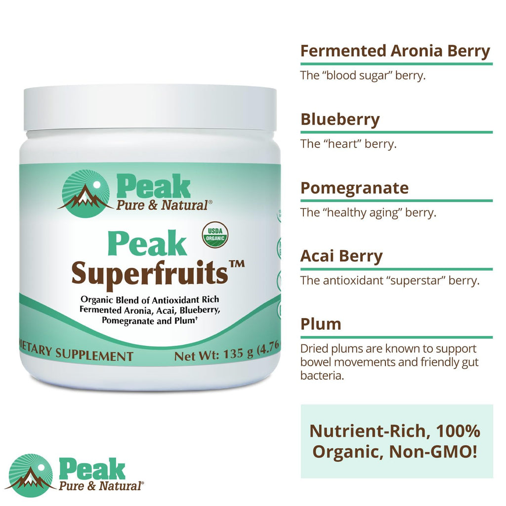 Peak Organic Superfruits - Polyphenol Rich Superfood Powder - Non-GMO Fermented Aronia Berry, Acai, Blueberry, Pomegranate, and Plum - Aging, Metabolic Health, Heart Health (30 Servings) - Maple Wellness Supplements