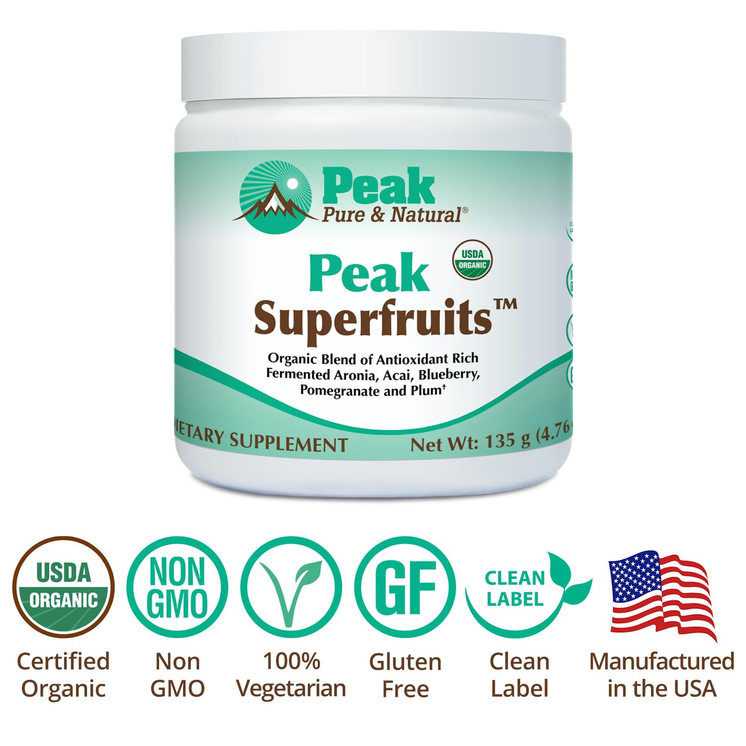 Peak Organic Superfruits - Polyphenol Rich Superfood Powder - Non-GMO Fermented Aronia Berry, Acai, Blueberry, Pomegranate, and Plum - Aging, Metabolic Health, Heart Health (30 Servings) - Maple Wellness Supplements