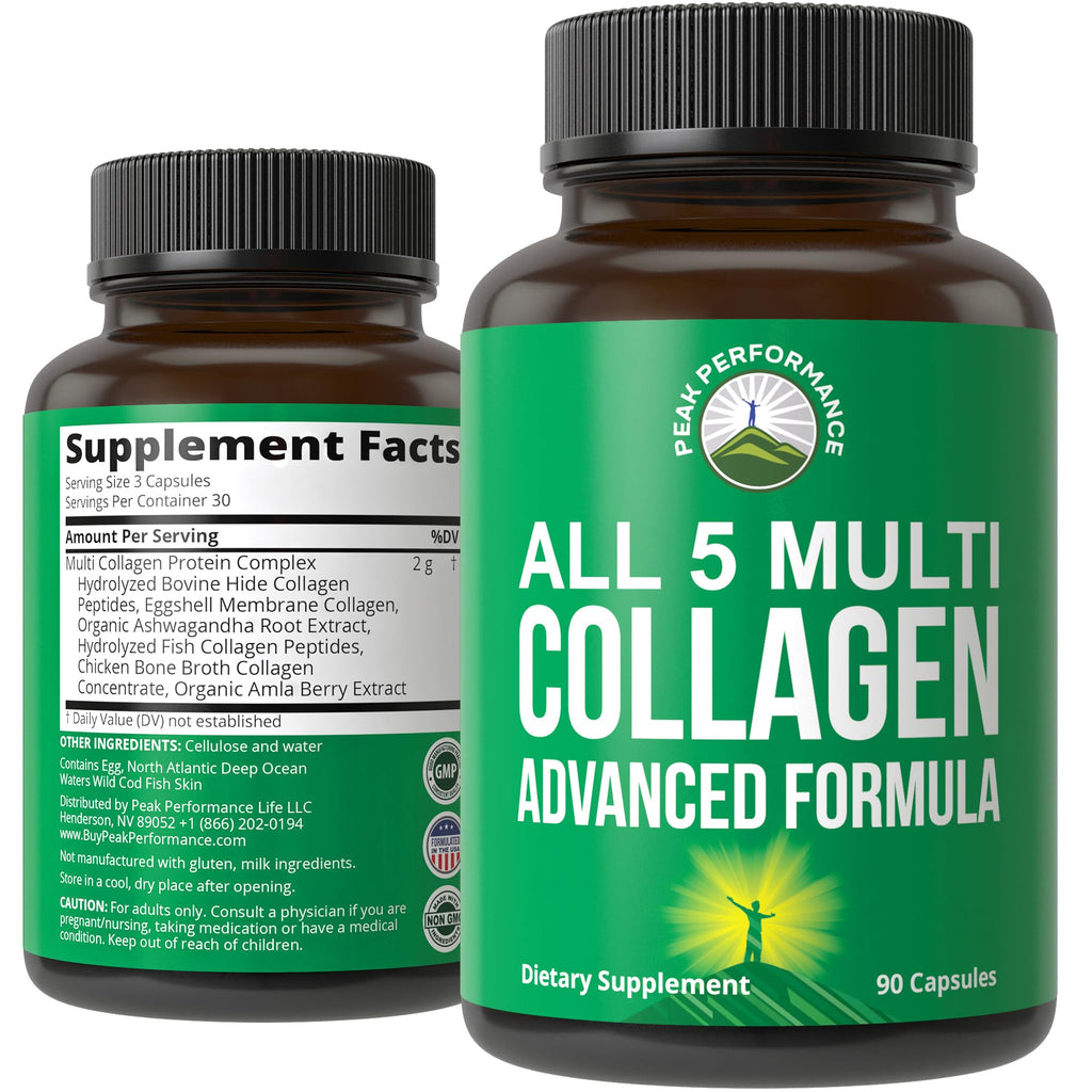 Peak Performance All 5 Multi-Collagen Capsules - 90 Pills of Grass Fed Peptides Protein - Supplement with All 5 Collagen Types I, II, III,V, X from Beef, Fish, Eggshell, and Chicken Bone Broth - TrustMedUSA