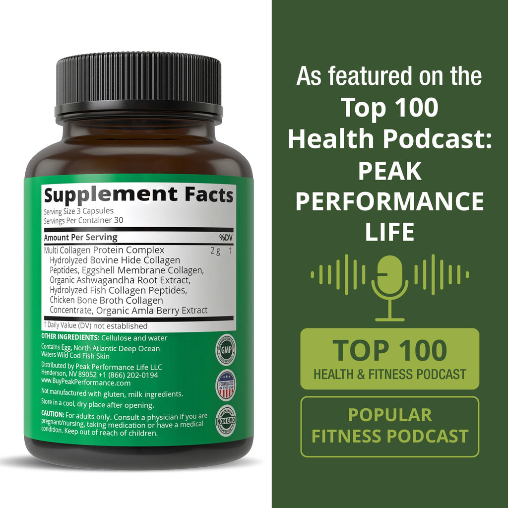 Peak Performance All 5 Multi-Collagen Capsules - 90 Pills of Grass Fed Peptides Protein - Supplement with All 5 Collagen Types I, II, III,V, X from Beef, Fish, Eggshell, and Chicken Bone Broth - TrustMedUSA