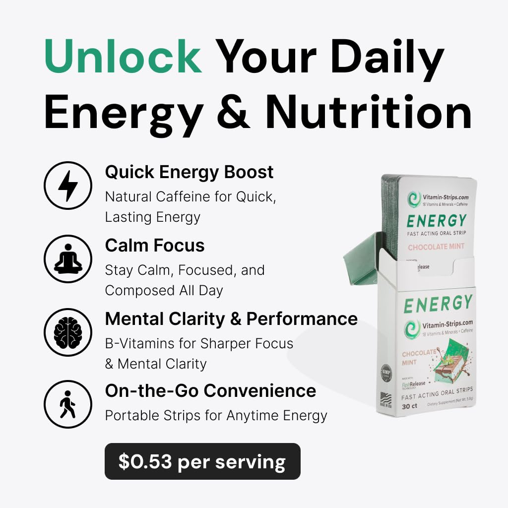 Peak Performance Energy Strips — Vegan, Gluten Free, Soy Free & Sugar-Free Breath Strips w/Caffeine, 18 Vitamins & Minerals — Instant Energy Boost Chocolate Mint Dietary Supplement — 30 Oral Strips - TrustMedUSA