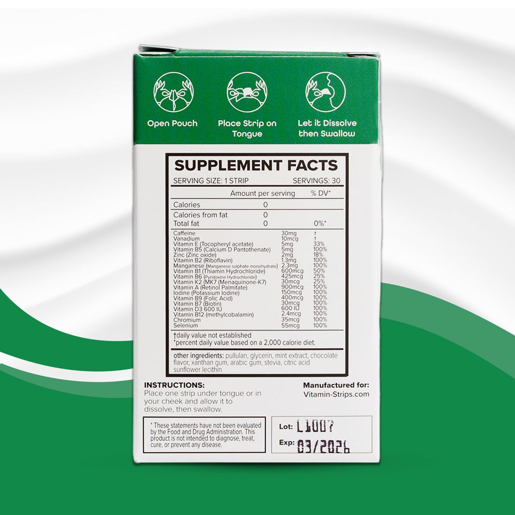 Peak Performance Energy Strips — Vegan, Gluten Free, Soy Free & Sugar-Free Breath Strips w/Caffeine, 18 Vitamins & Minerals — Instant Energy Boost Chocolate Mint Dietary Supplement — 30 Oral Strips - TrustMedUSA