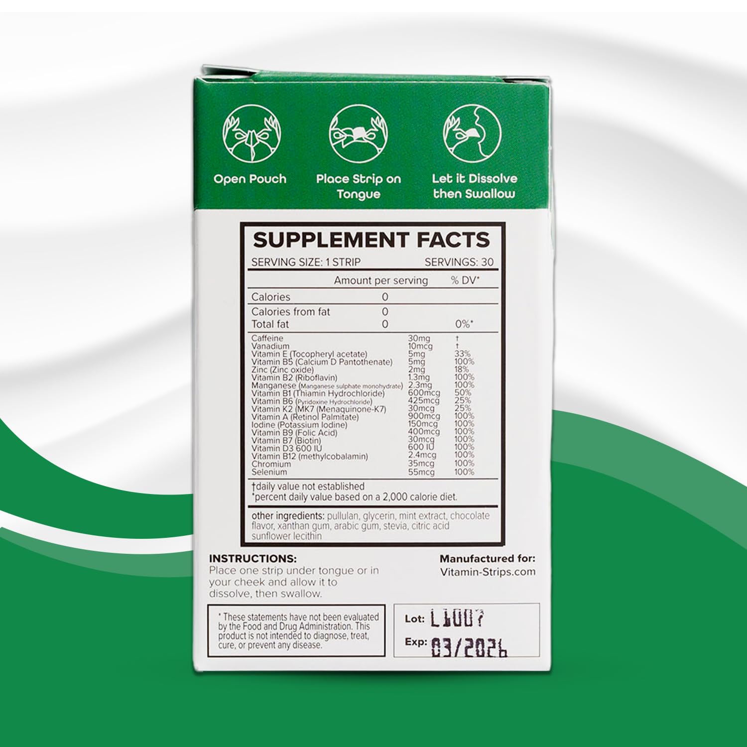 Peak Performance Energy Strips — Vegan, Gluten Free, Soy Free & Sugar-Free Breath Strips w/Caffeine, 18 Vitamins & Minerals — Instant Energy Boost Chocolate Mint Dietary Supplement — 30 Oral Strips - TrustMedUSA