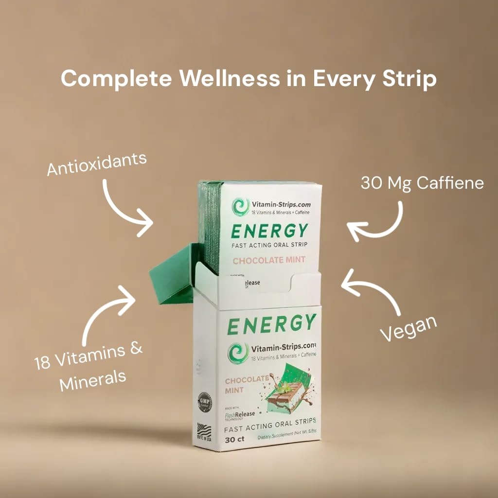 Peak Performance Energy Strips — Vegan, Gluten Free, Soy Free & Sugar-Free Breath Strips w/Caffeine, 18 Vitamins & Minerals — Instant Energy Boost Chocolate Mint Dietary Supplement — 30 Oral Strips - TrustMedUSA
