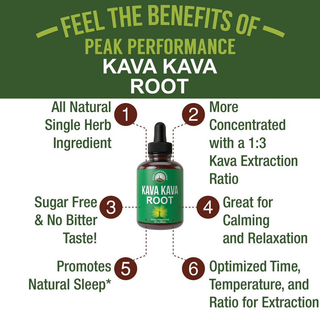 Peak Performance Kava Kava Root Extract Calming Liquid Drops More Concentrated - 1:3 Extraction Ratio. Vegan Supplement Aid for Relaxation, Natural Sleep. Sugar Free Gluten Free USA Tested Tincture - Maple Wellness Supplements
