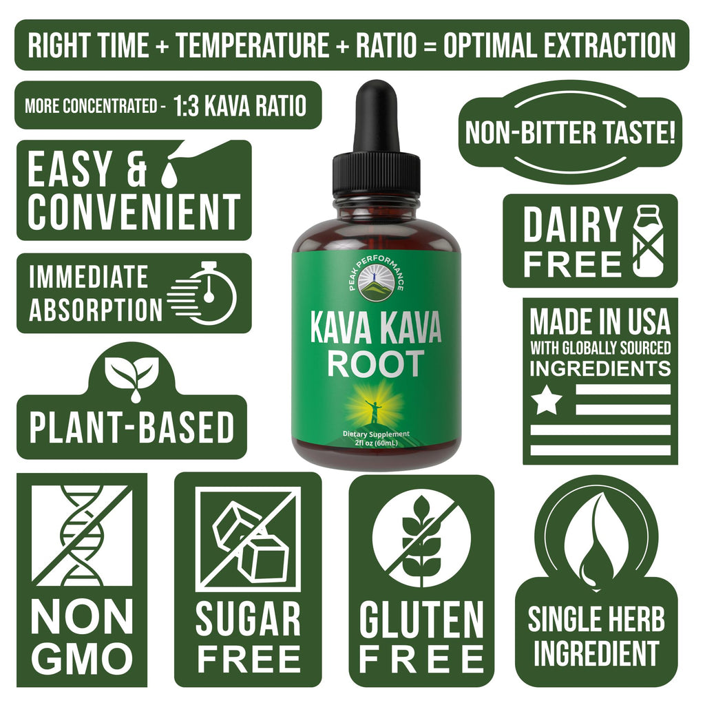 Peak Performance Kava Kava Root Extract Calming Liquid Drops More Concentrated - 1:3 Extraction Ratio. Vegan Supplement Aid for Relaxation, Natural Sleep. Sugar Free Gluten Free USA Tested Tincture - Maple Wellness Supplements