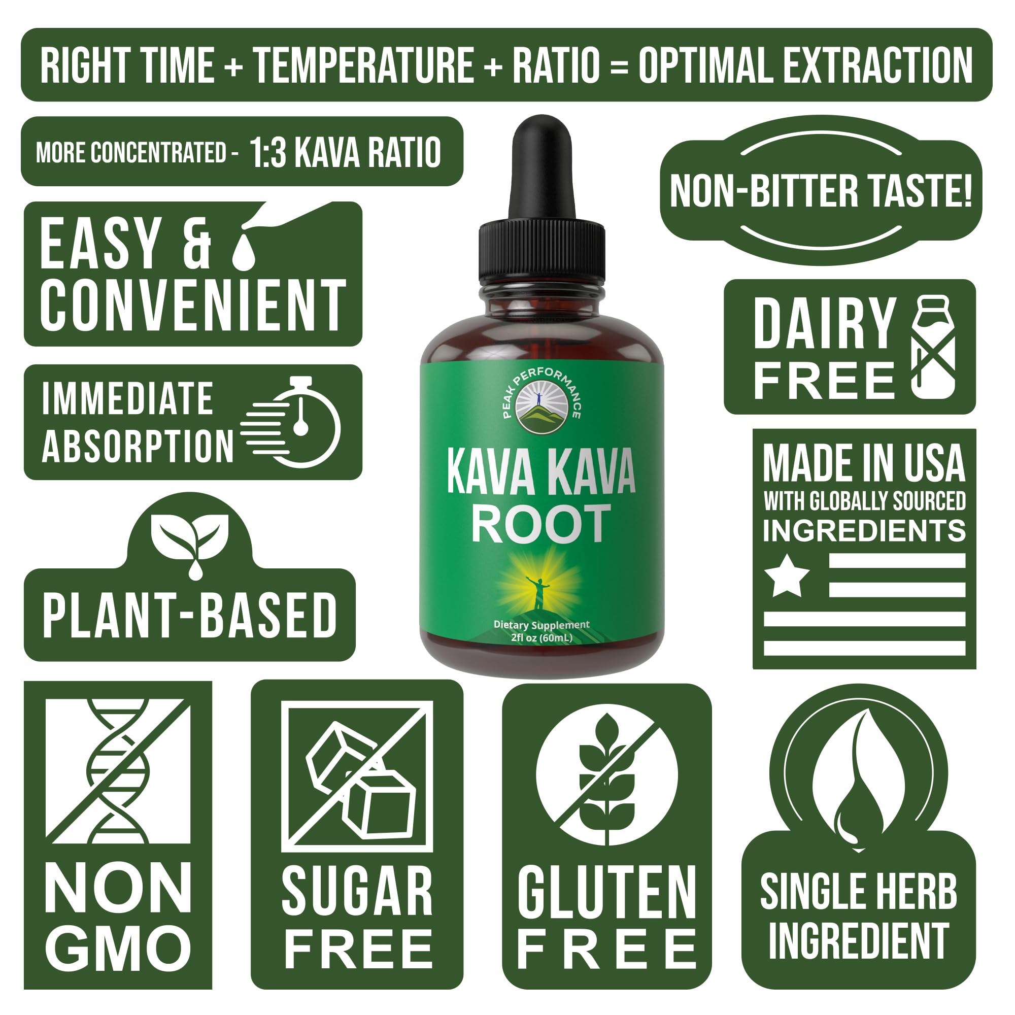 Peak Performance Kava Kava Root Extract Calming Liquid Drops More Concentrated - 1:3 Extraction Ratio. Vegan Supplement Aid for Relaxation, Natural Sleep. Sugar Free Gluten Free USA Tested Tincture - Maple Wellness Supplements