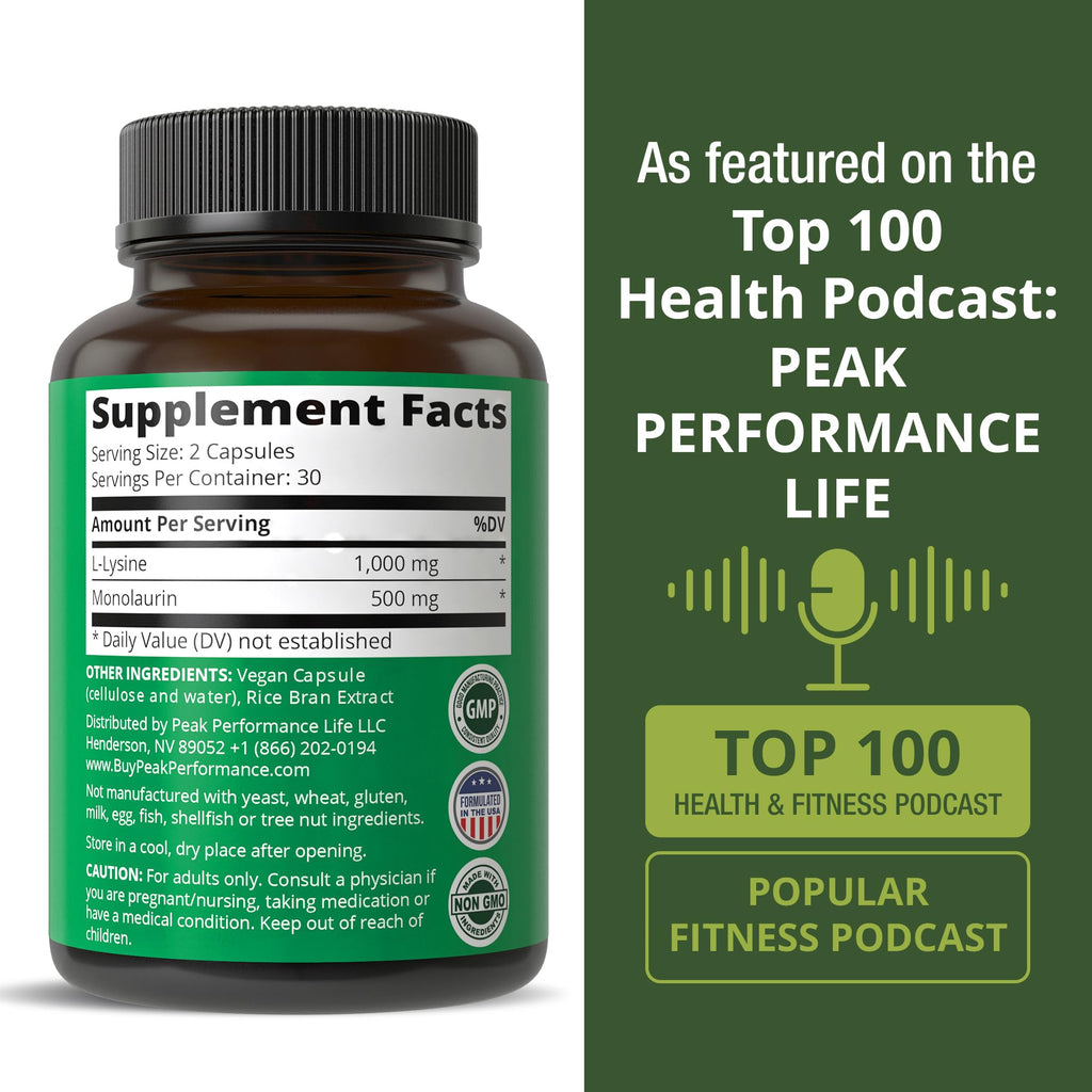 Peak Performance L Lysine 1000mg + Monolaurin 500mg Supplement for Immune Support - High Potency L-Lysine for Lips, Skin, & Health - 2-in-1 Bioavailable Supplements for Men and Women - 60 Capsules - TrustMedUSA
