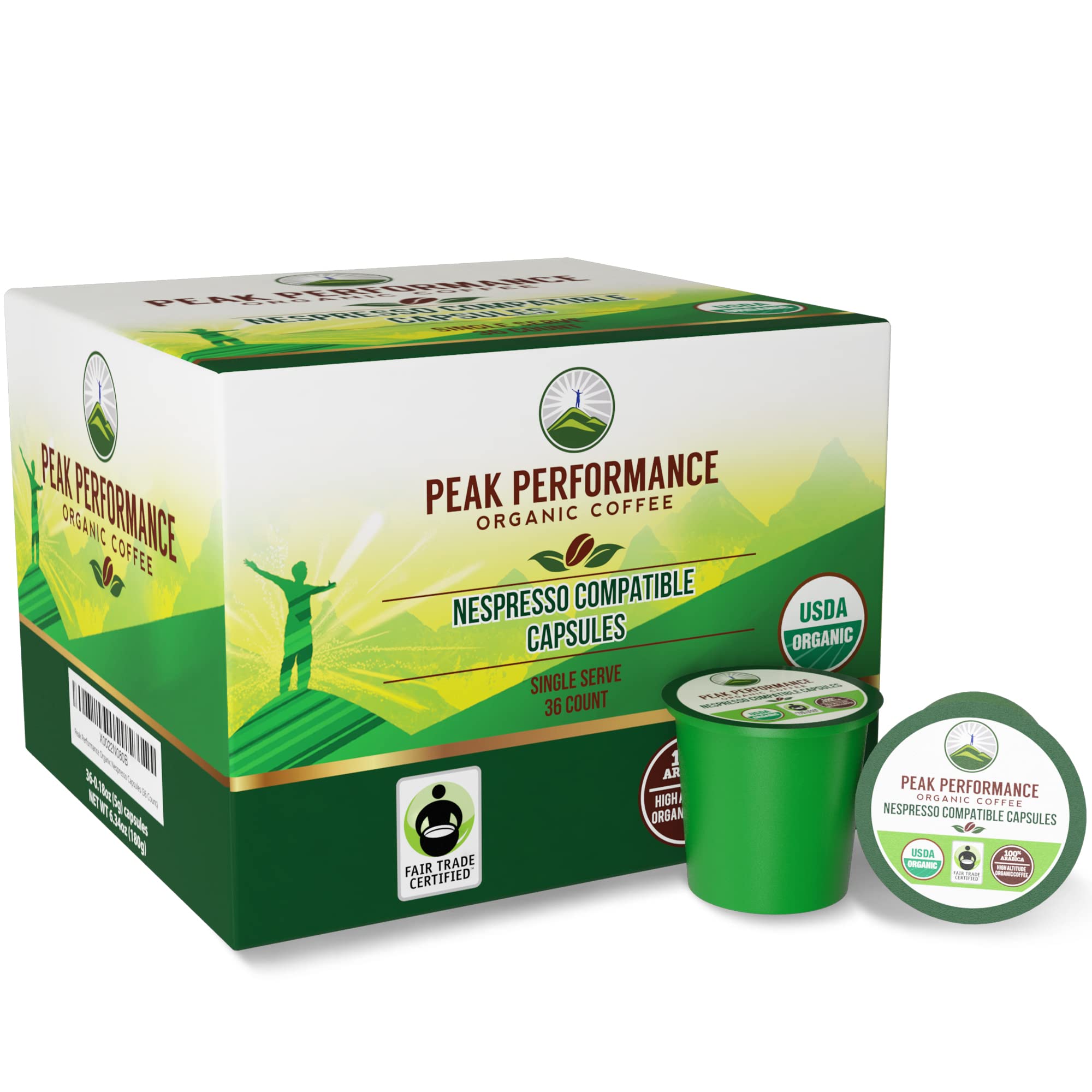 Peak Performance Organic Capsules for Nespresso Machines - Fair Trade, Low Acid, Organic Espresso Coffee Pods (36 Count) Compatible with All Nespresso Capsule Brewers - Medium Roast Single Serve Pod - TrustMedUSA