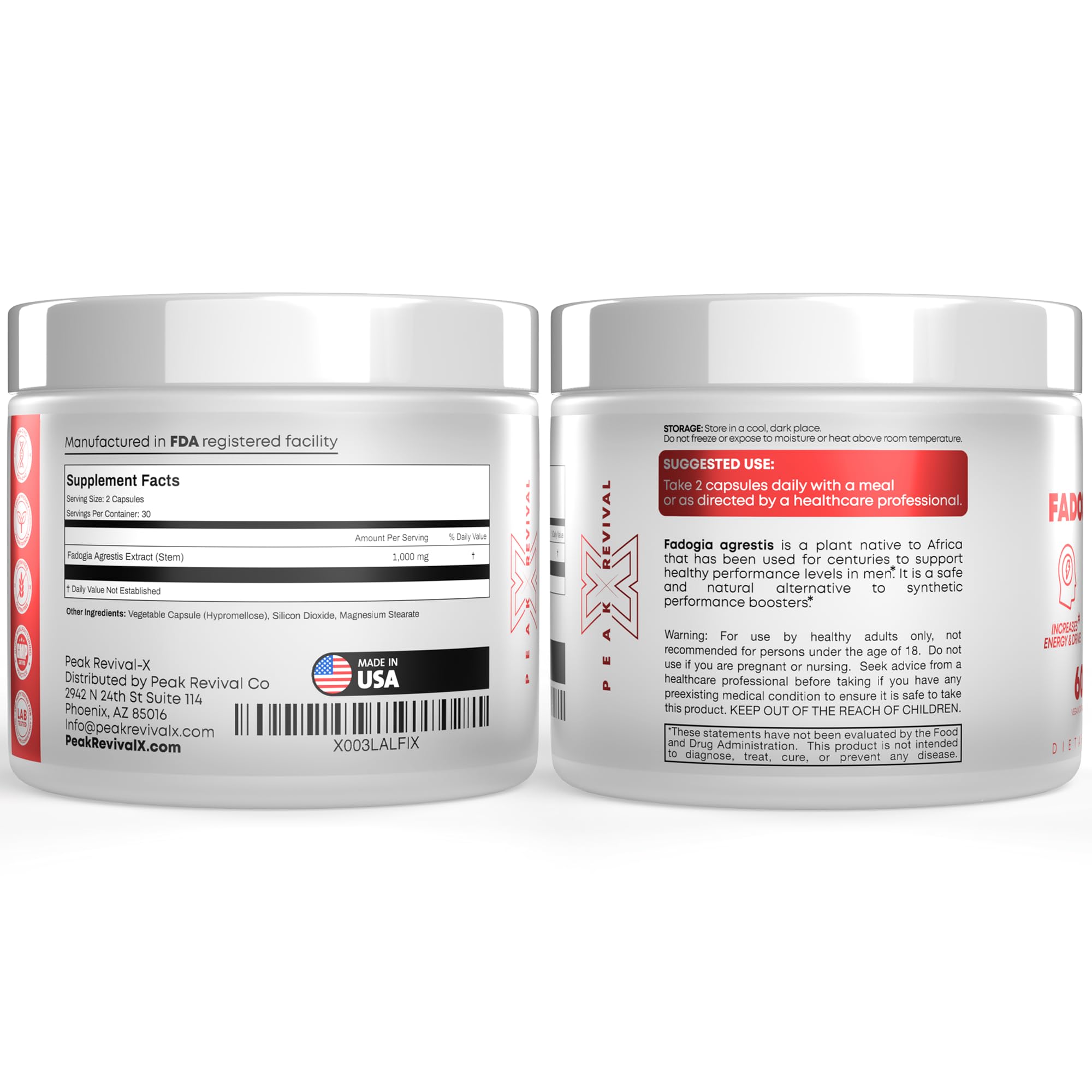 Peak Revival-X Fadogia Agrestis 1000mg Per Serving Supplement - Potent Extract to Increase Energy, Athletic Performance & Muscle Mass - Supplements, Made in The USA (60 Capsules) - TrustMedUSA