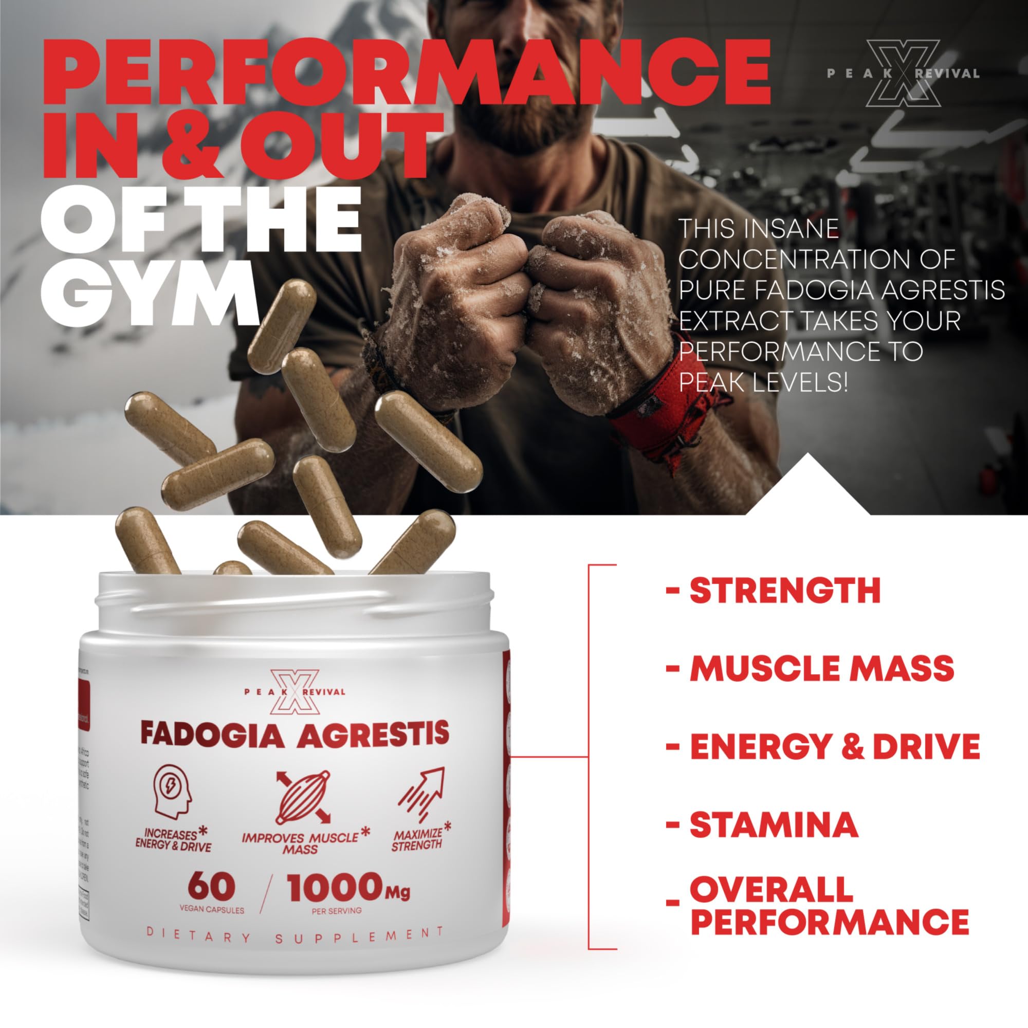 Peak Revival-X Fadogia Agrestis 1000mg Per Serving Supplement - Potent Extract to Increase Energy, Athletic Performance & Muscle Mass - Supplements, Made in The USA (60 Capsules) - TrustMedUSA