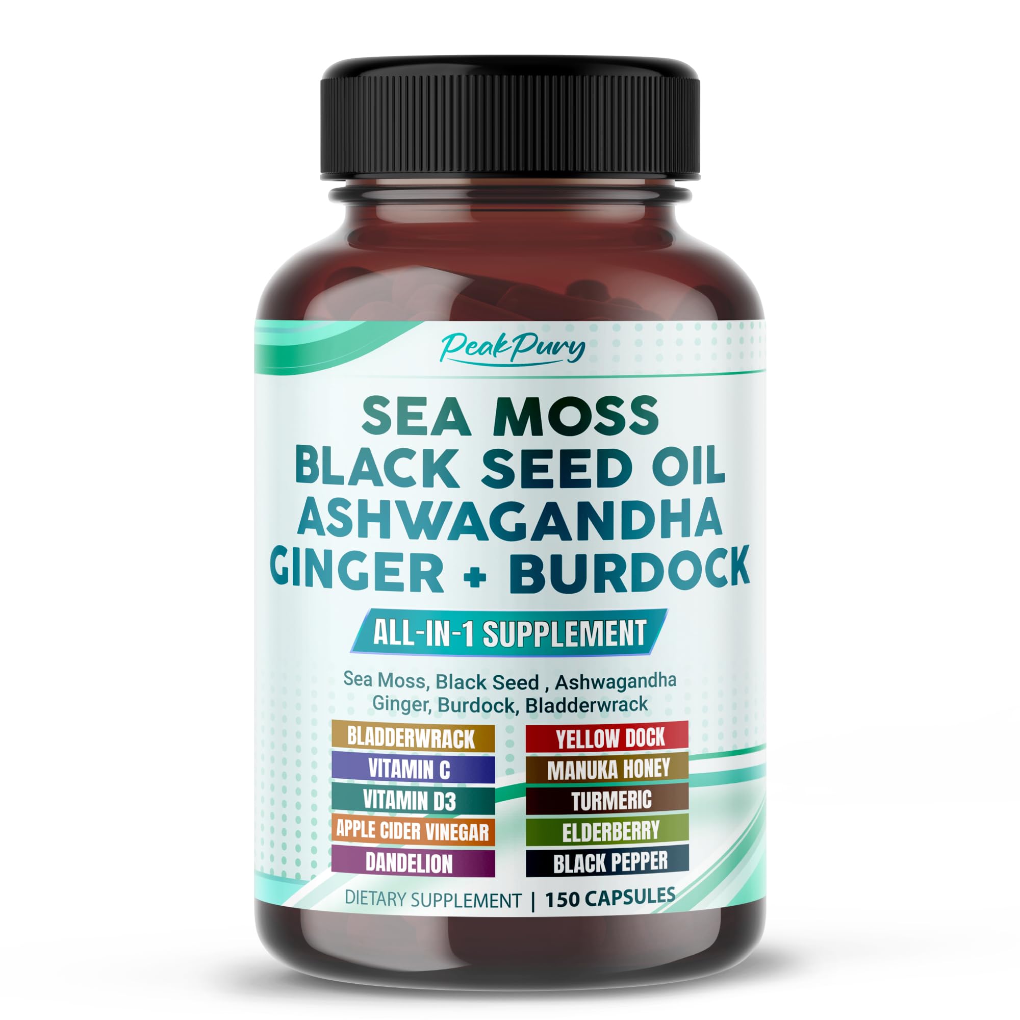 PEAKPURY Sea Moss Black Seed Oil Ashwagandha Ginger Burdock Bladderwrack - Immunity Support - TrustMedUSA